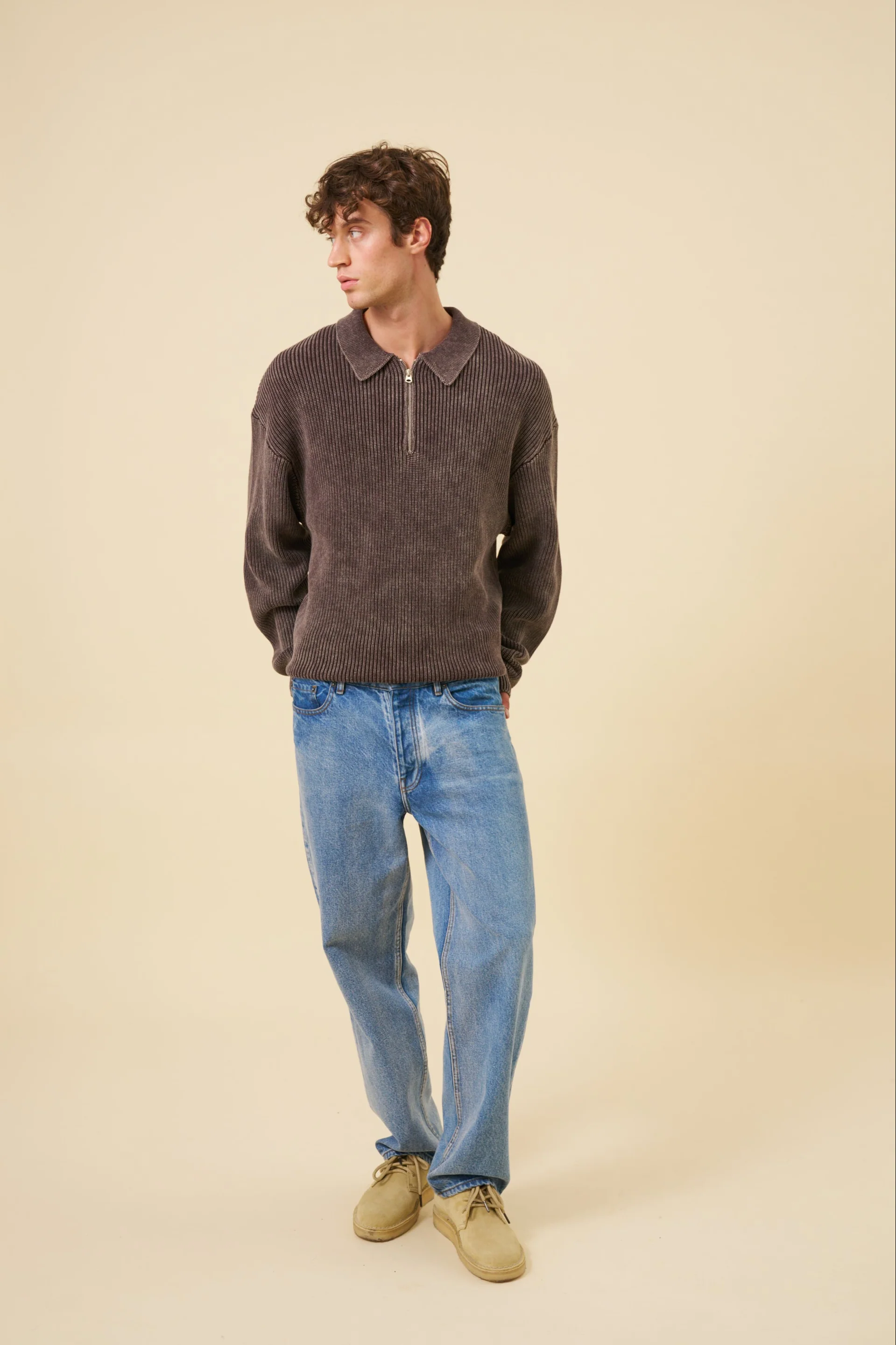 ACID WASH HALF ZIP PULLOVER - BROWN - Image 3