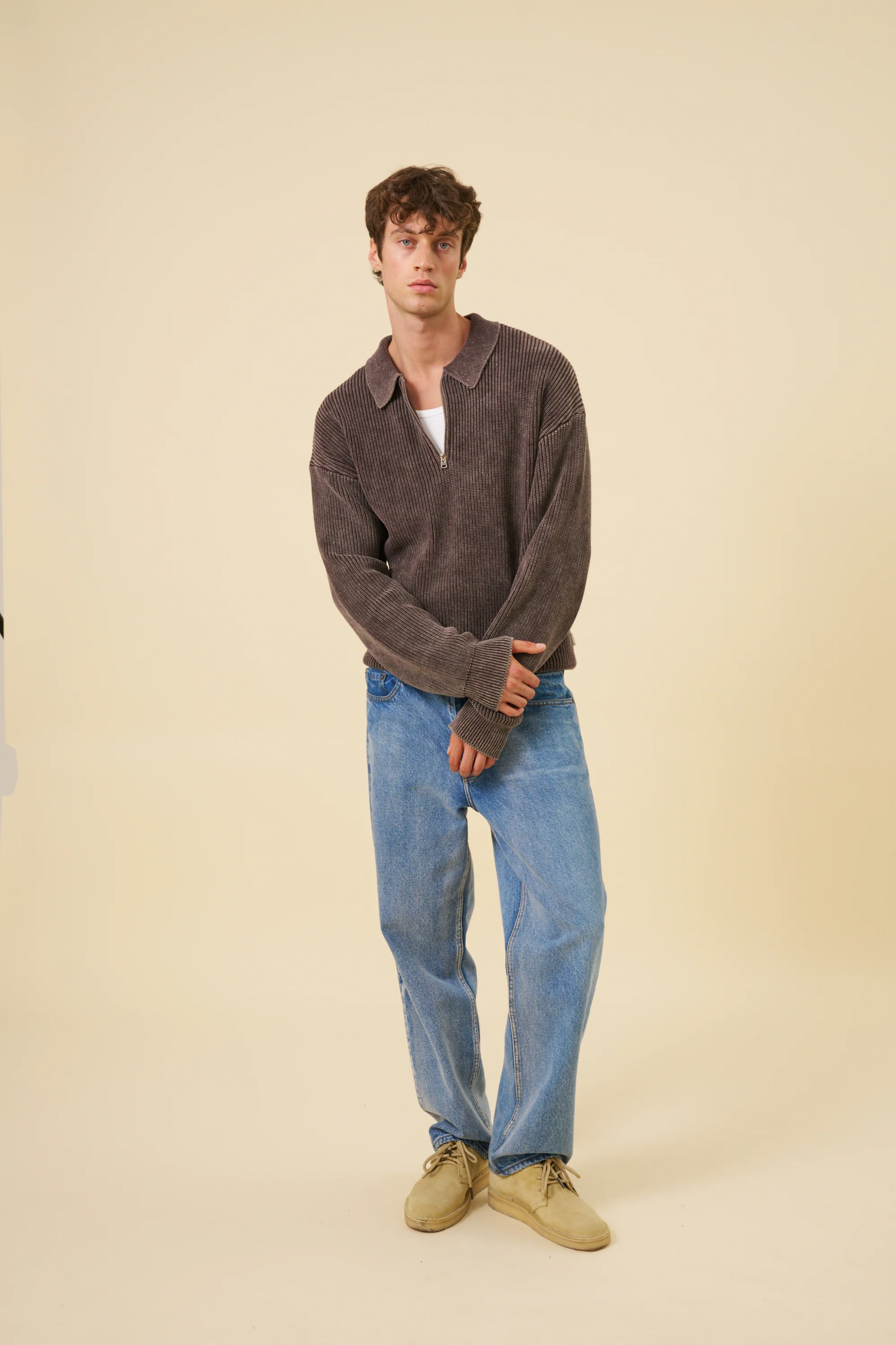 ACID WASH HALF ZIP PULLOVER - BROWN - Image 7