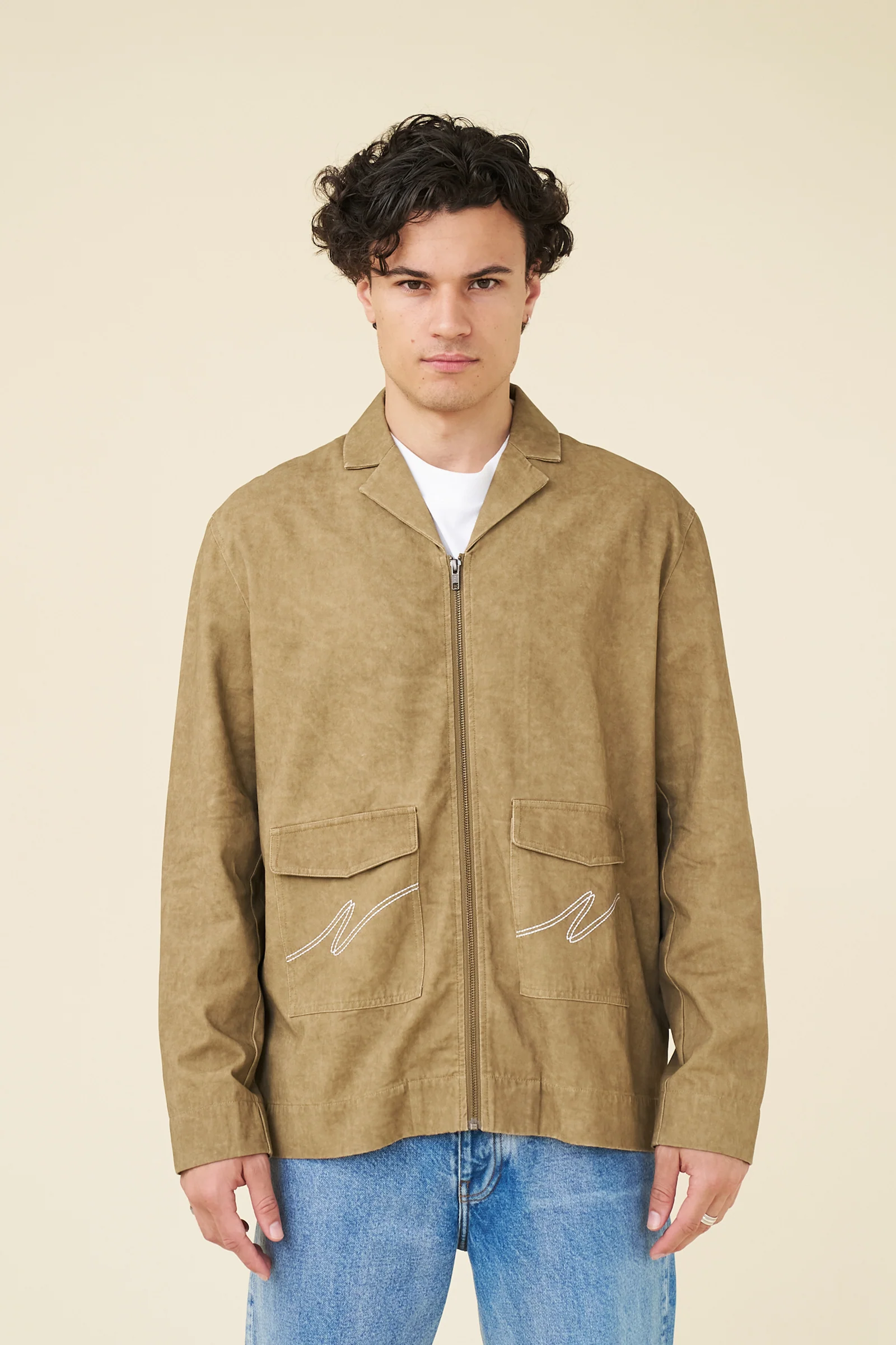 ACID WASH WORKWEAR ZIP UP OVERSHIRT - BROWN