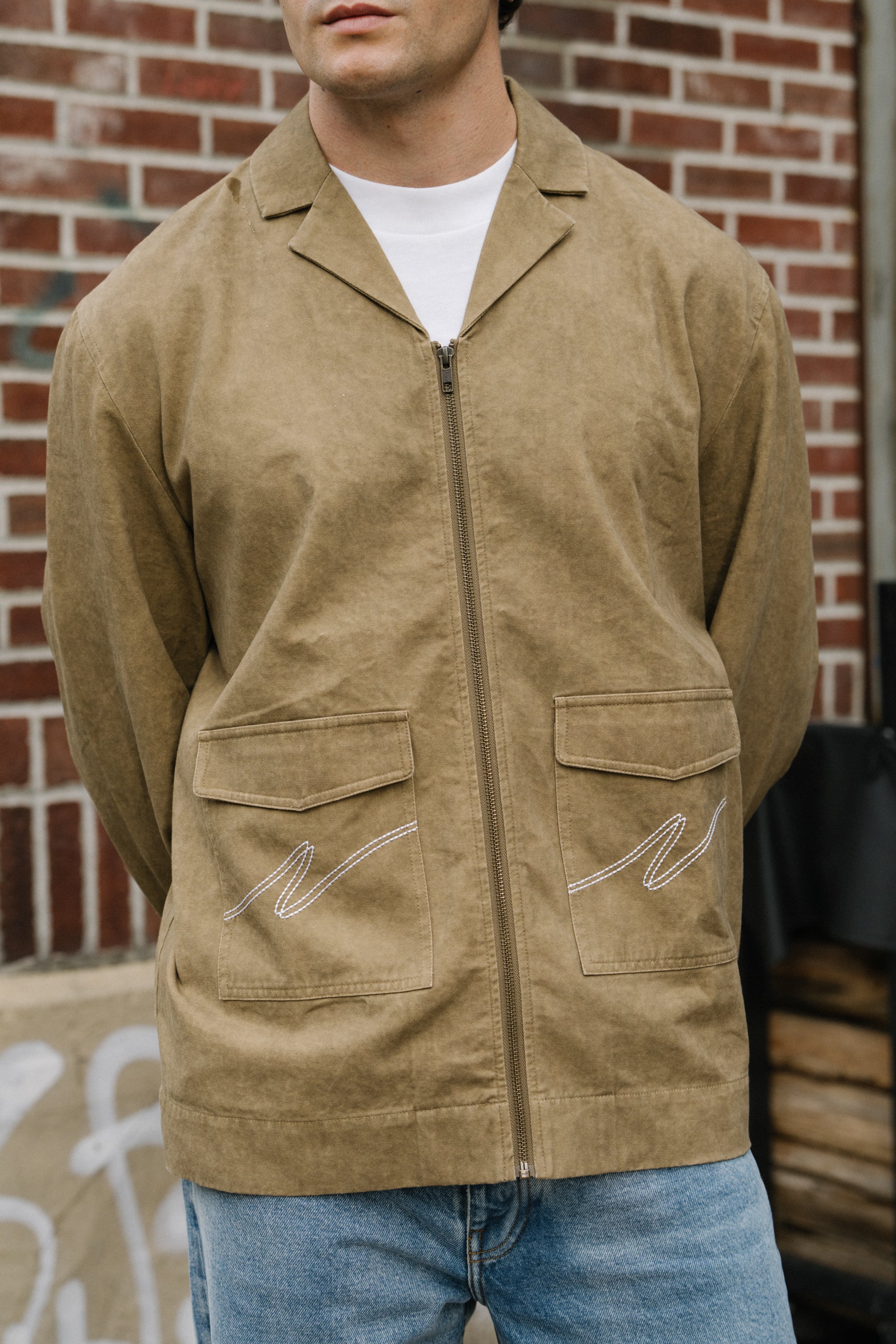 ACID WASH WORKWEAR ZIP UP OVERSHIRT - BROWN - Image 2