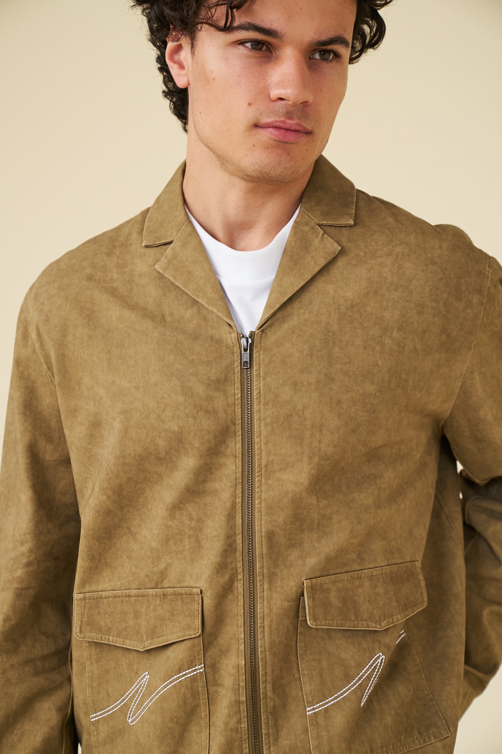 ACID WASH WORKWEAR ZIP UP OVERSHIRT - BROWN - Image 4