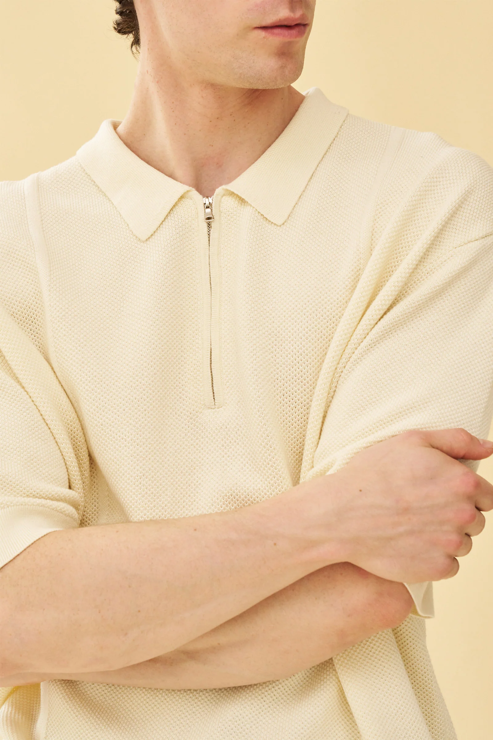ARTHUR 1/4 ZIP WAFFLE KNIT POLO - ECRU - Image 3