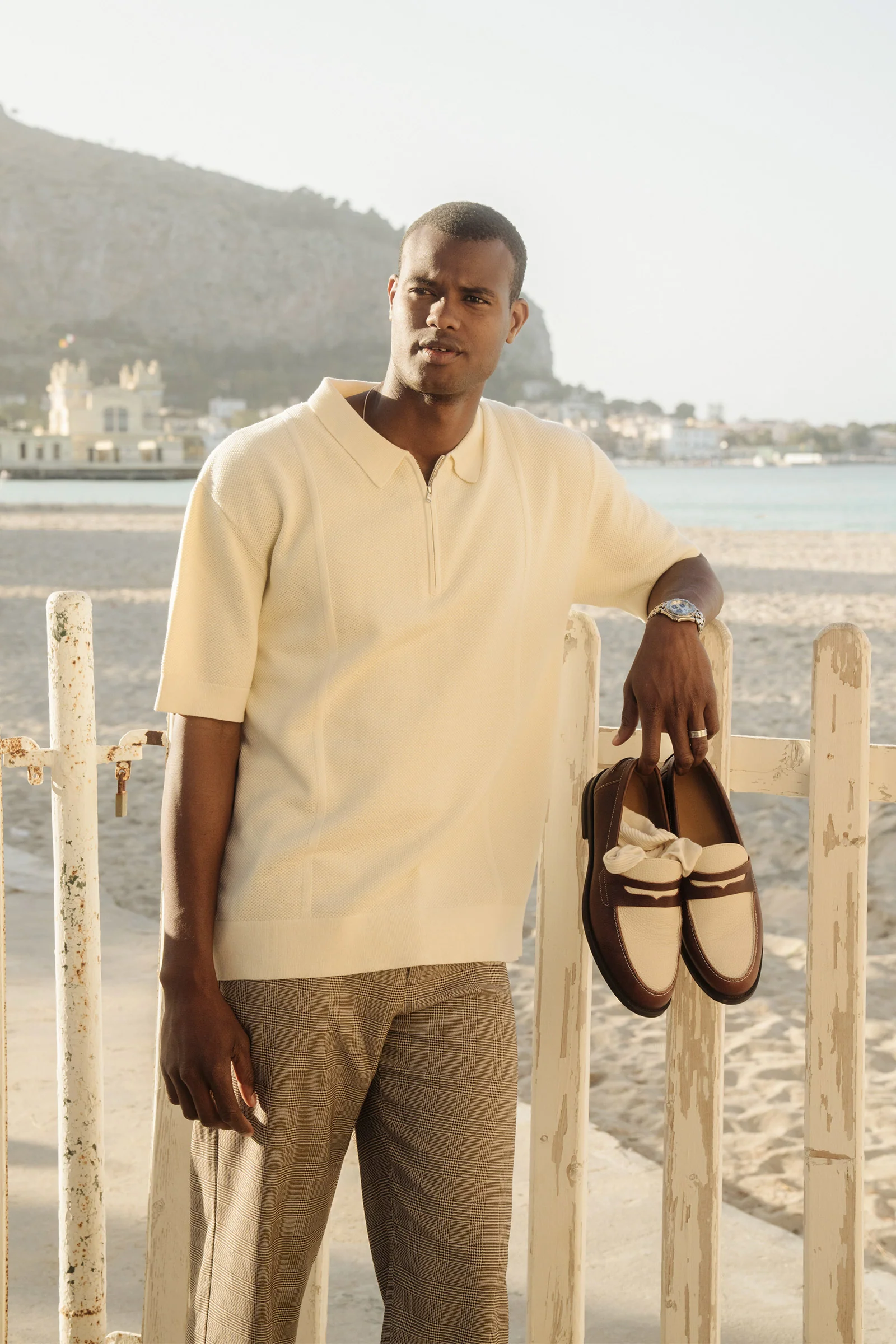 ARTHUR 1/4 ZIP WAFFLE KNIT POLO - ECRU - Image 5