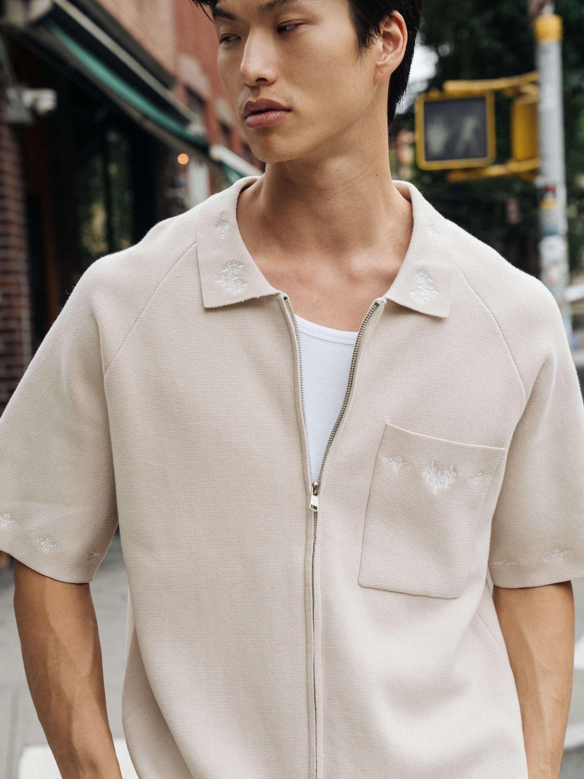 AZTEC CROPPED ZIP KNIT POLO - STONE - Image 3