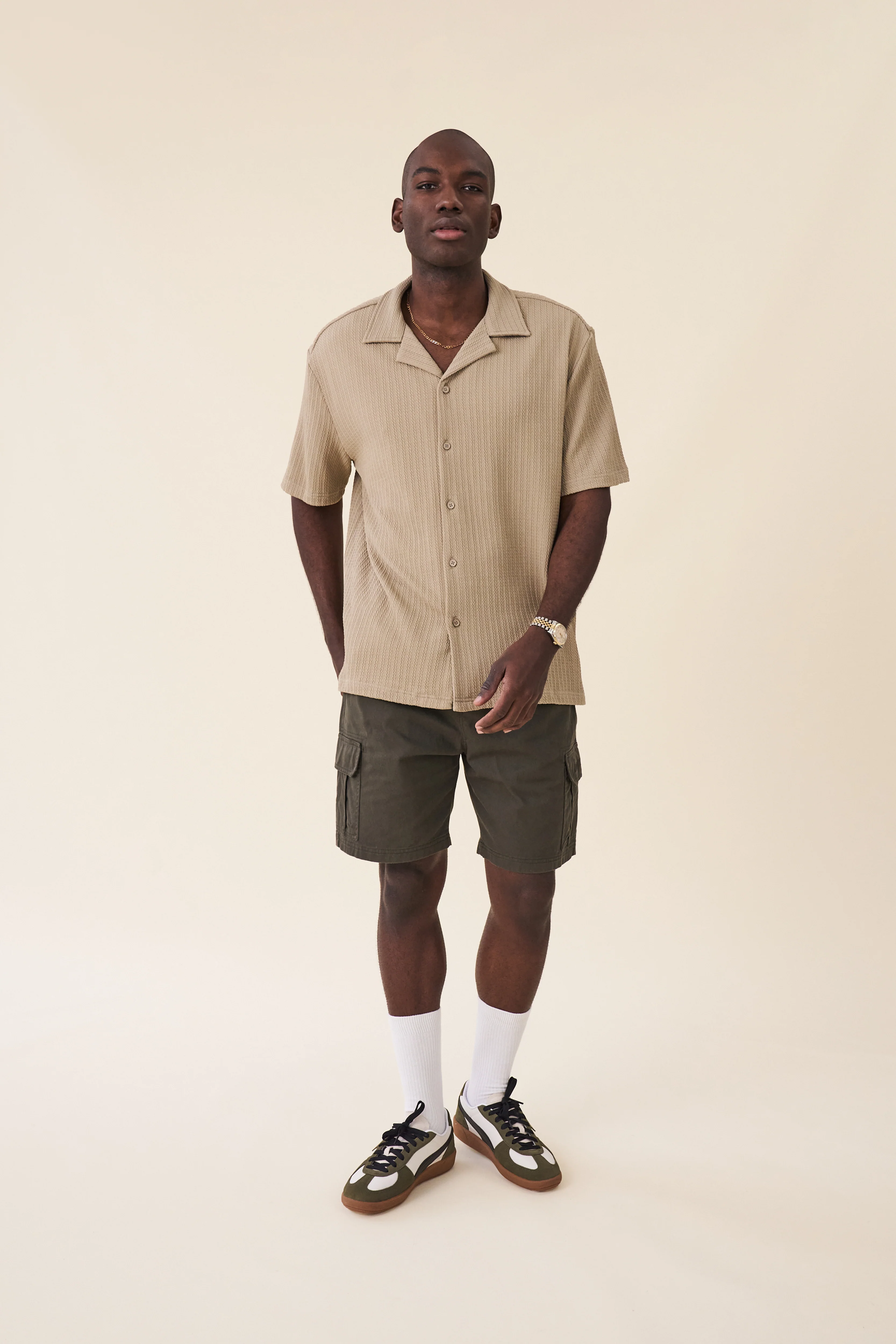 BEIGE CABLE TEXTURE CUBAN SS SHIRT - Image 3