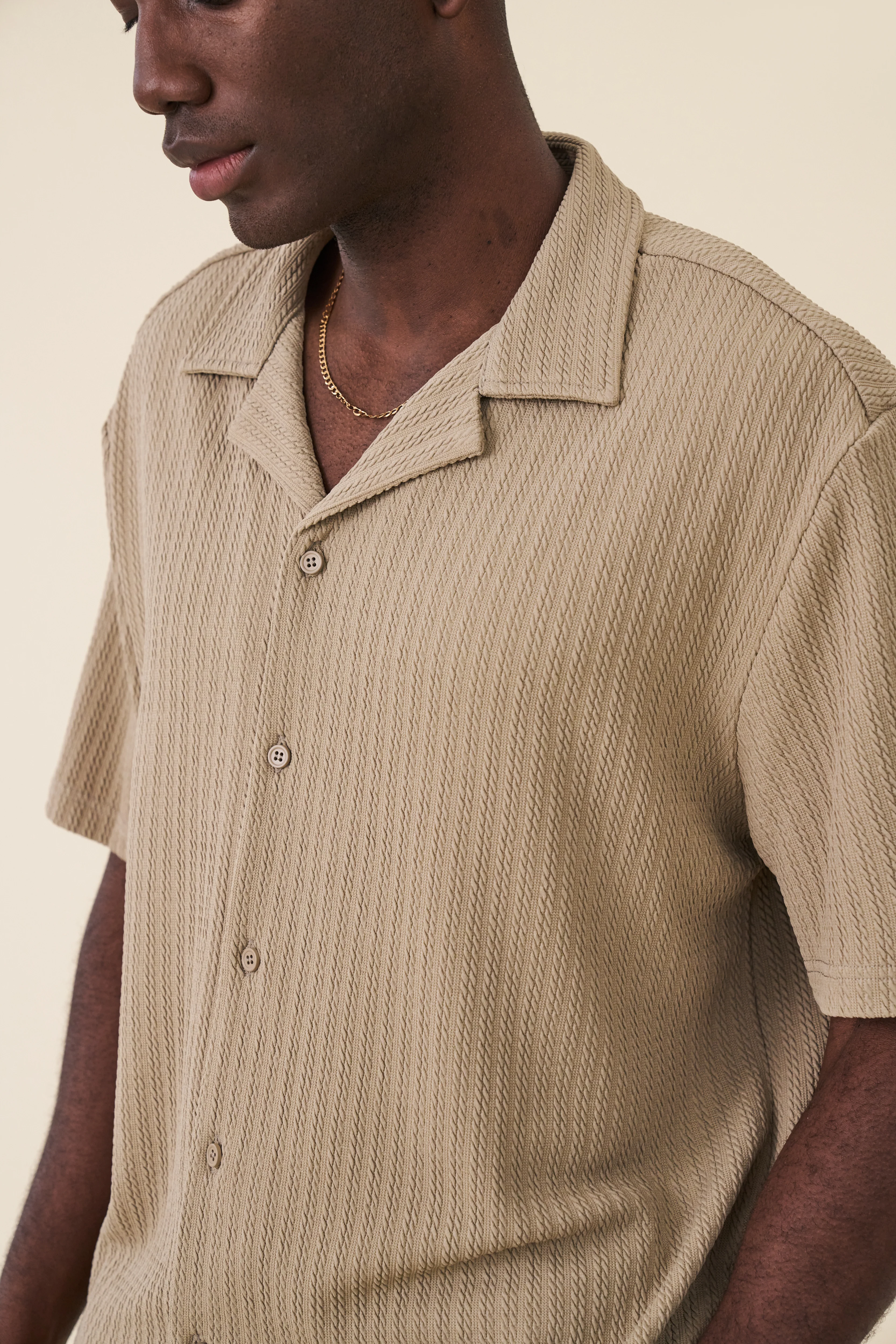 BEIGE CABLE TEXTURE CUBAN SS SHIRT - Image 5