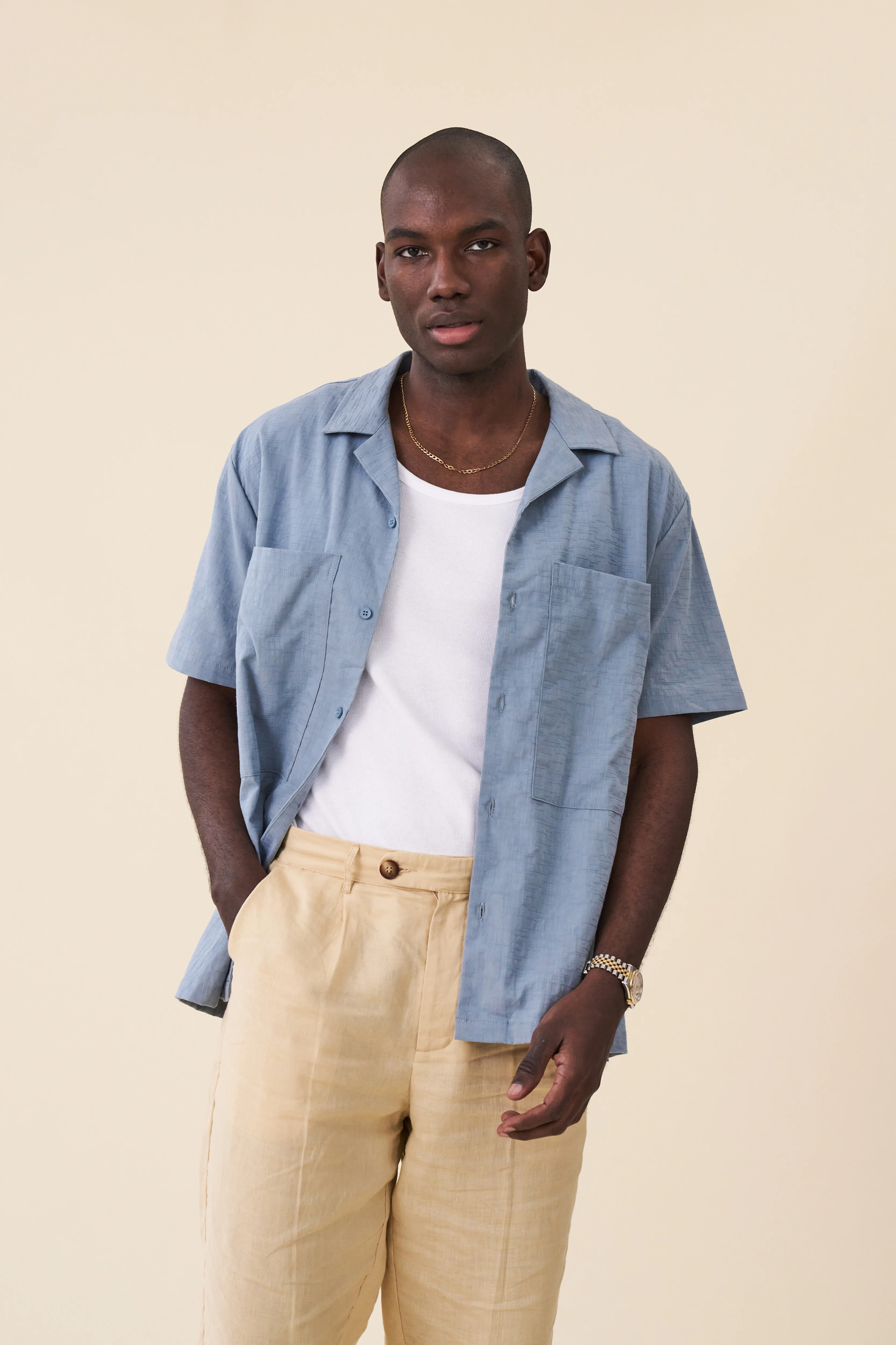 BLUE OVERSIZED TEXTURED COTTON SHIRT - Image 5
