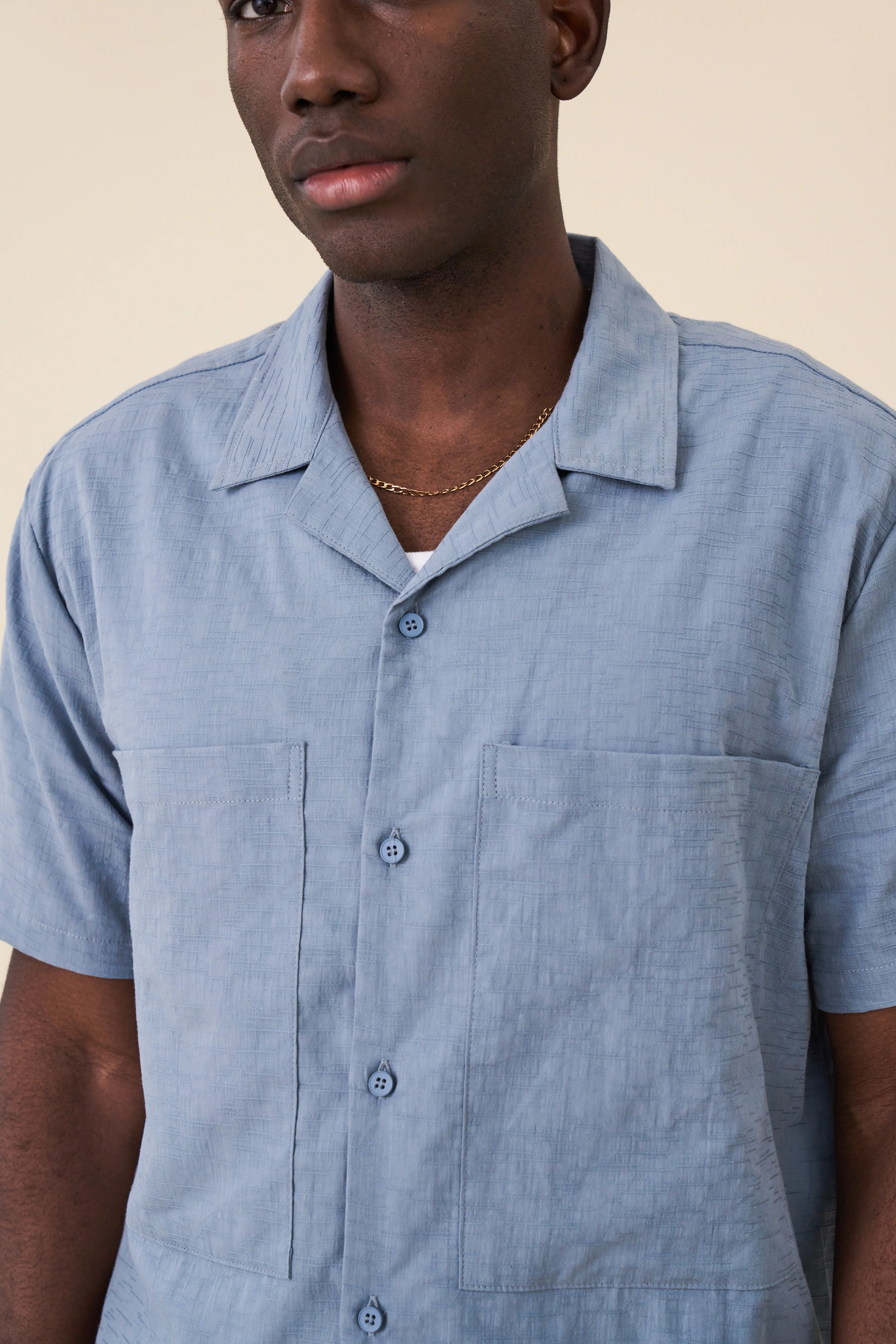 BLUE OVERSIZED TEXTURED COTTON SHIRT - Image 6