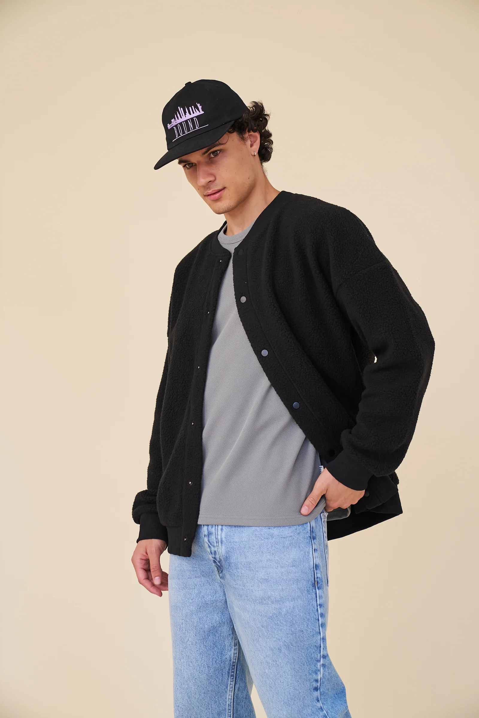 BOMBER FLEECE CARDIGAN - BLACK - Image 3