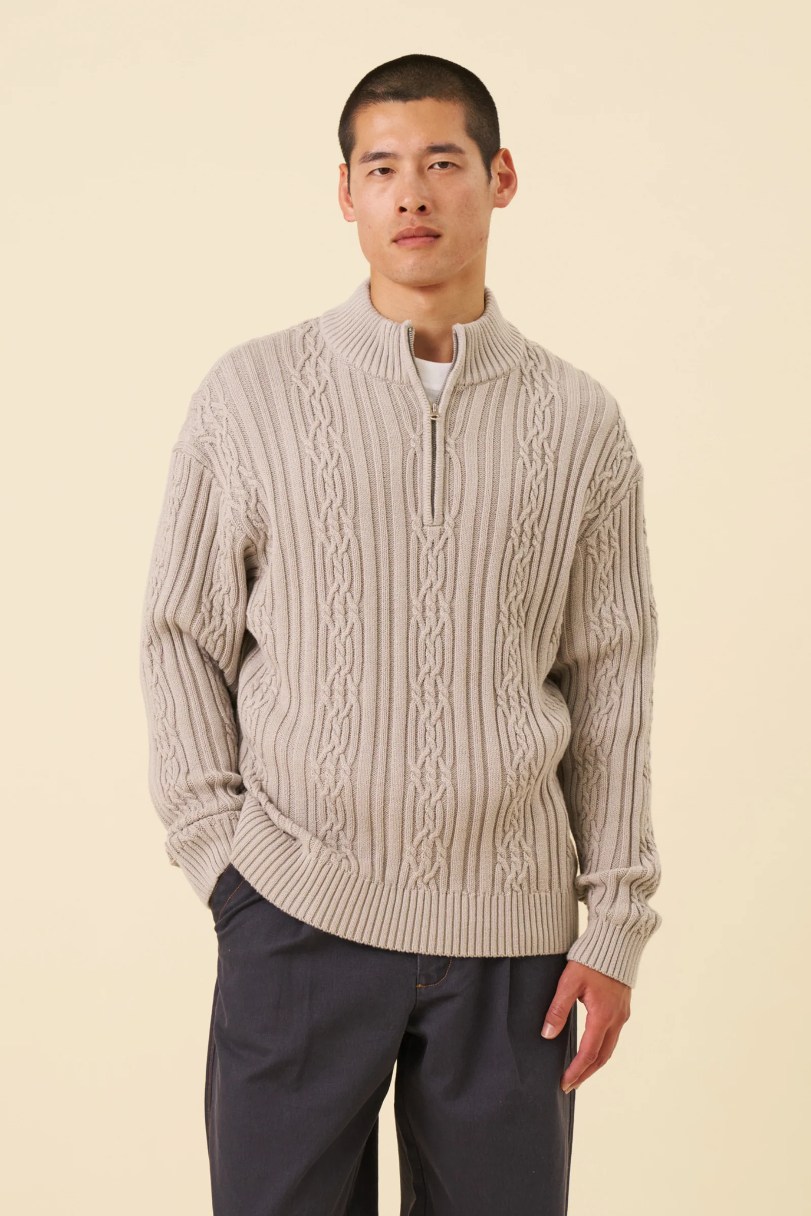 CABLE KNIT HALF ZIP - MID GREY