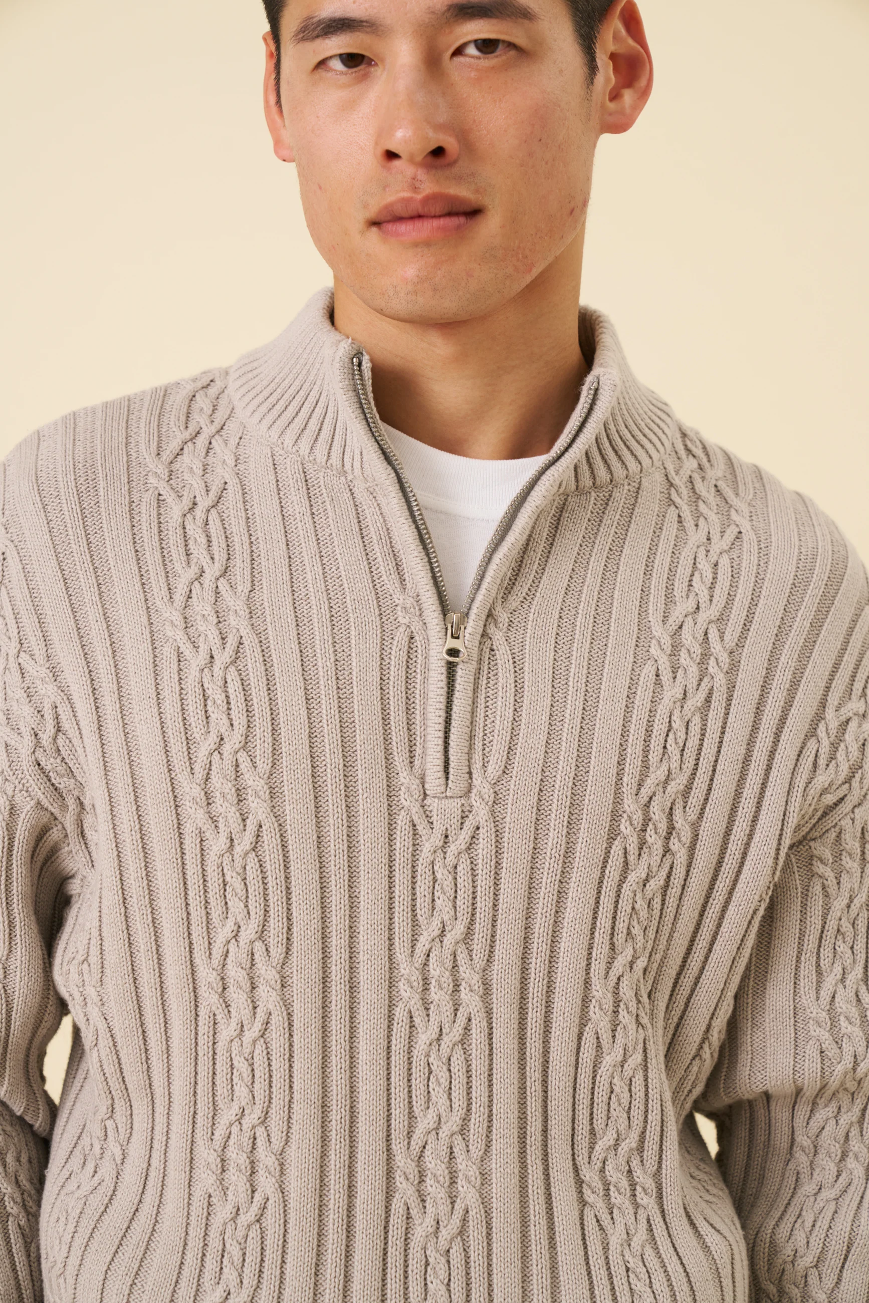 CABLE KNIT HALF ZIP - MID GREY - Image 3