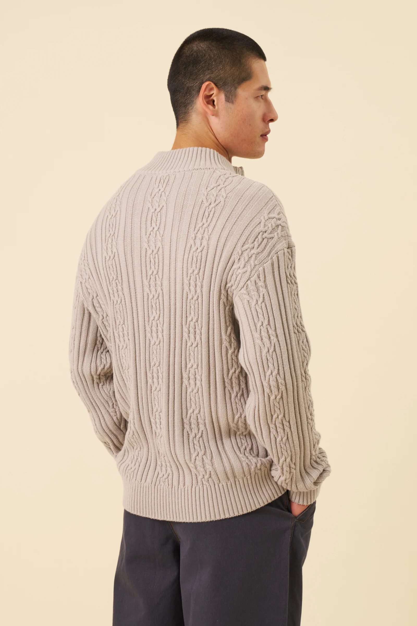 CABLE KNIT HALF ZIP - MID GREY - Image 6