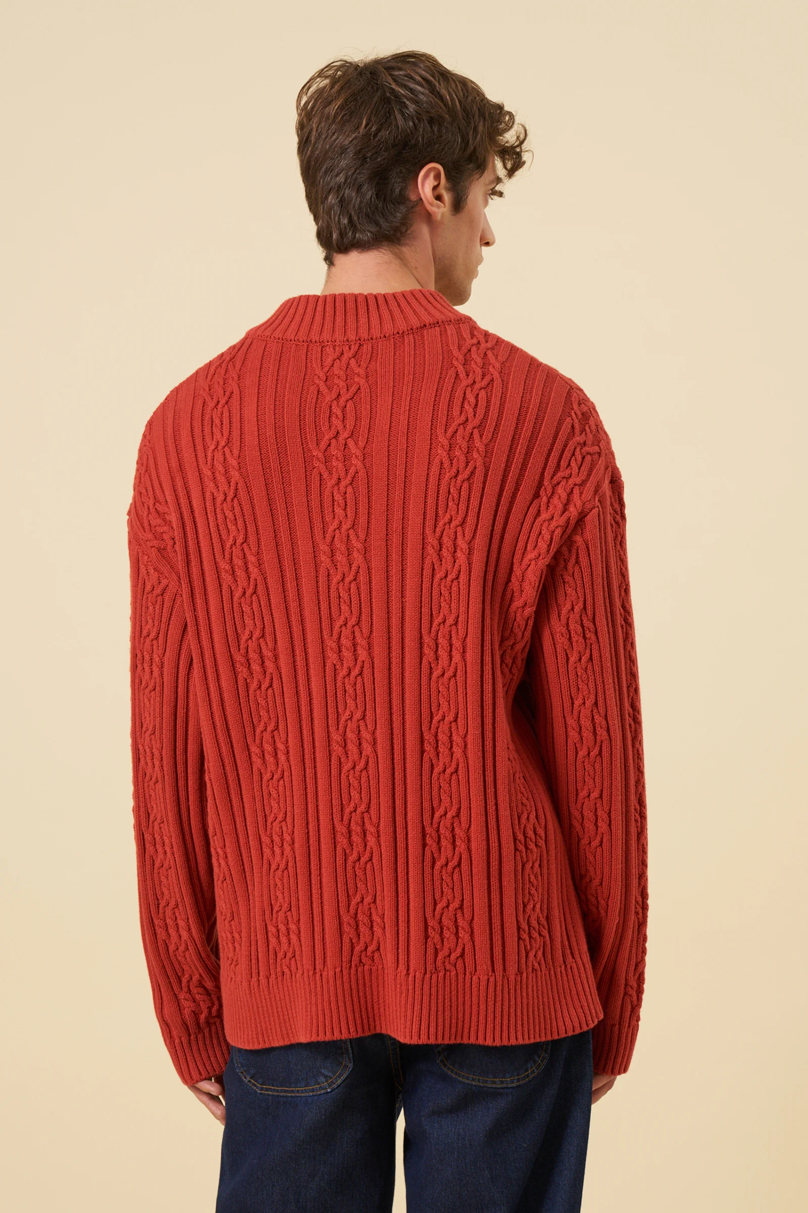 CABLE KNIT HALF ZIP PULLOVER - RUST RED - Image 3