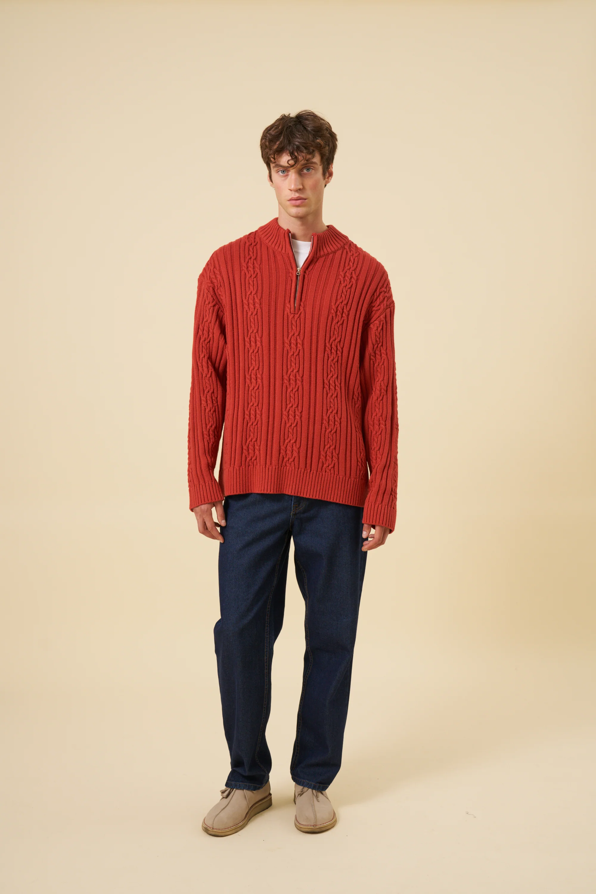 CABLE KNIT HALF ZIP PULLOVER - RUST RED - Image 4