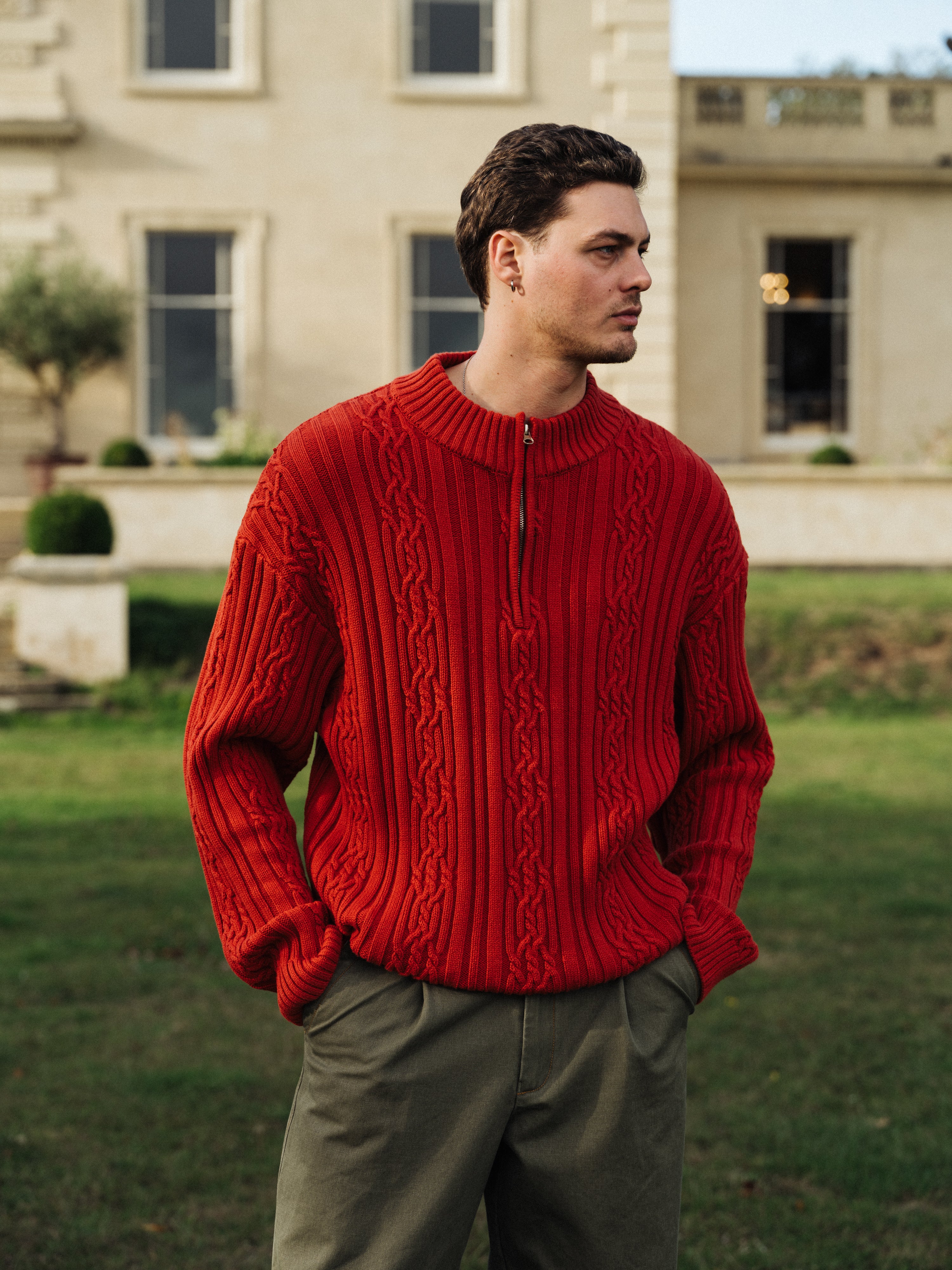 CABLE KNIT HALF ZIP PULLOVER - RUST RED - Image 7