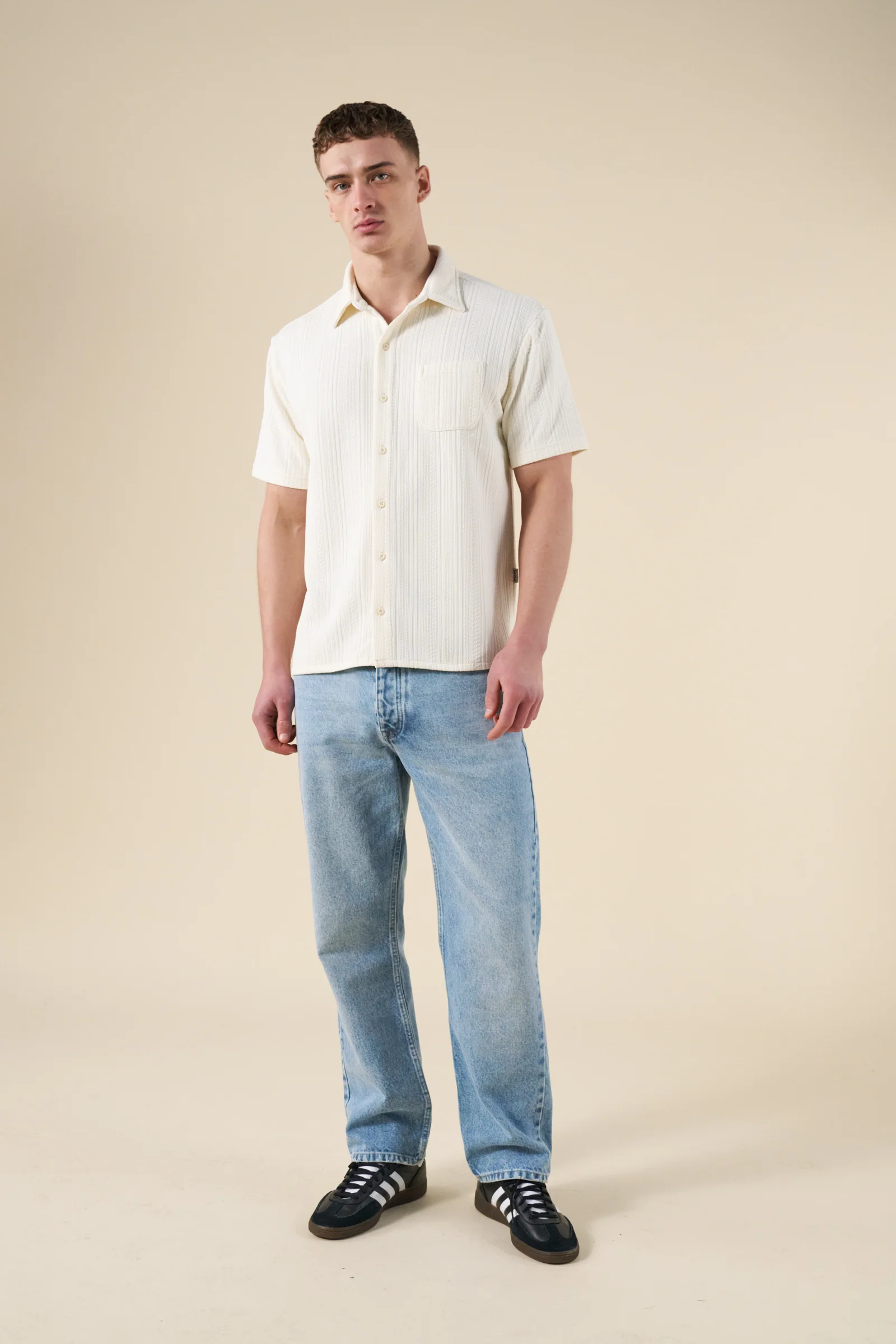CABLE KNIT WOVEN POLO - ECRU - Image 3