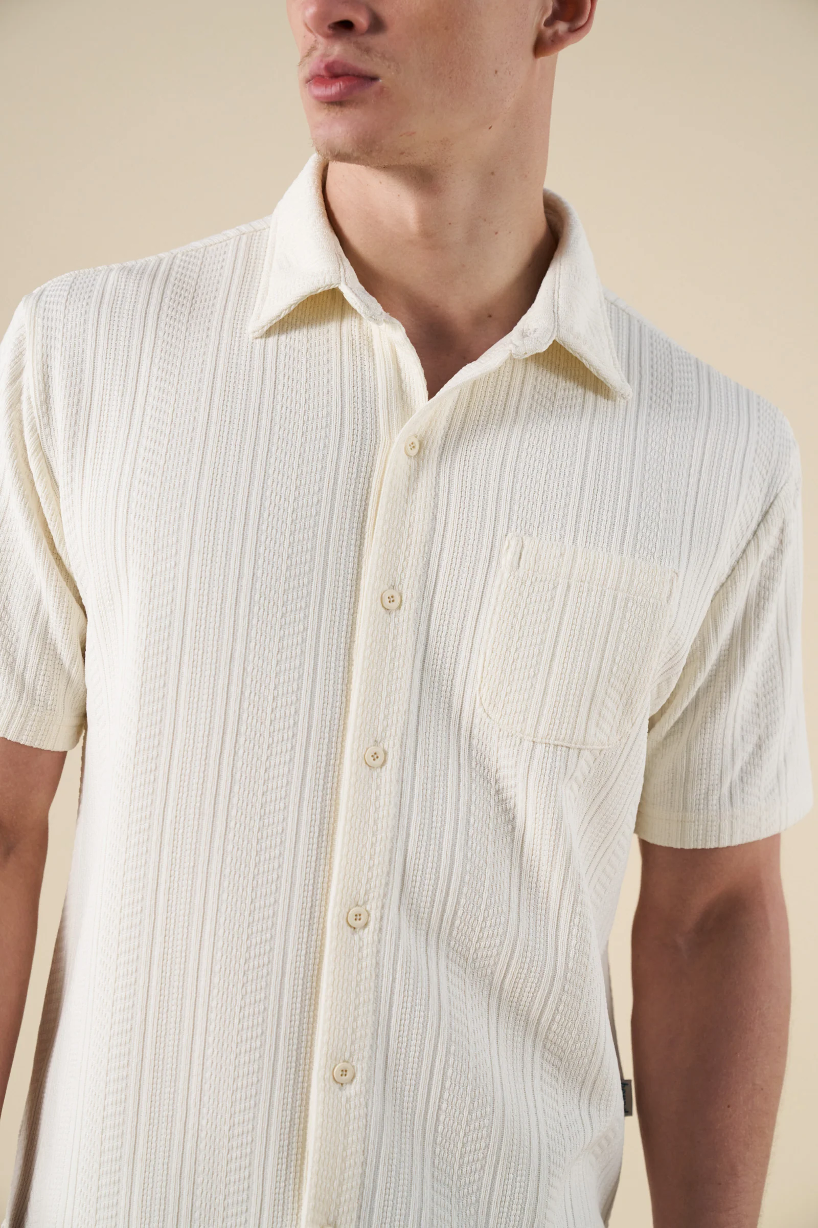 CABLE KNIT WOVEN POLO - ECRU - Image 5