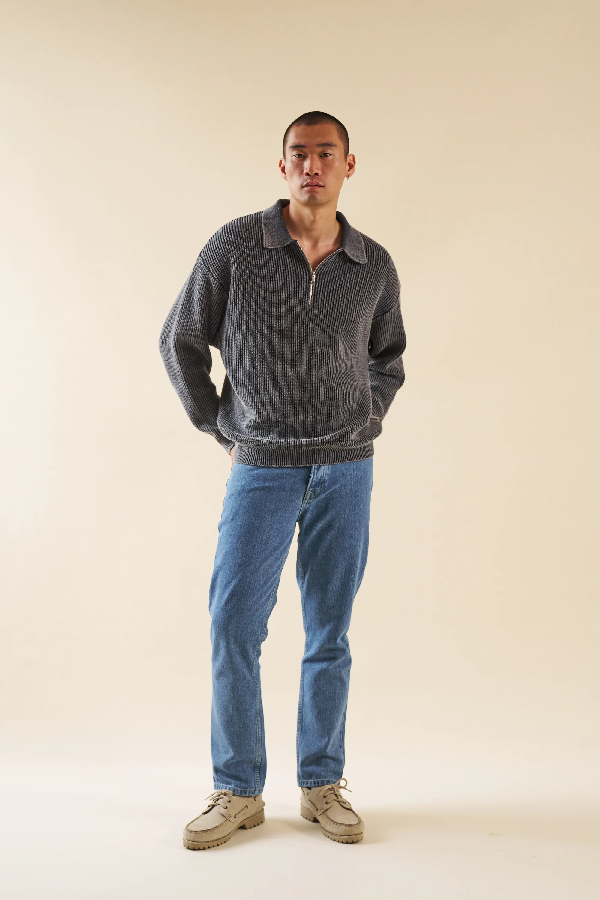CHARCOAL ACID WASH HALF ZIP KNIT PULLOVER - Image 5