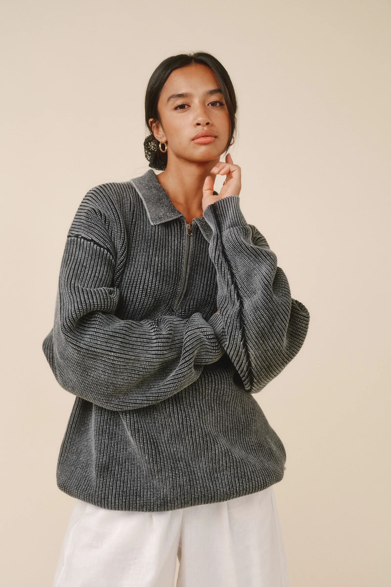 CHARCOAL ACID WASH HALF ZIP KNIT PULLOVER - Image 6