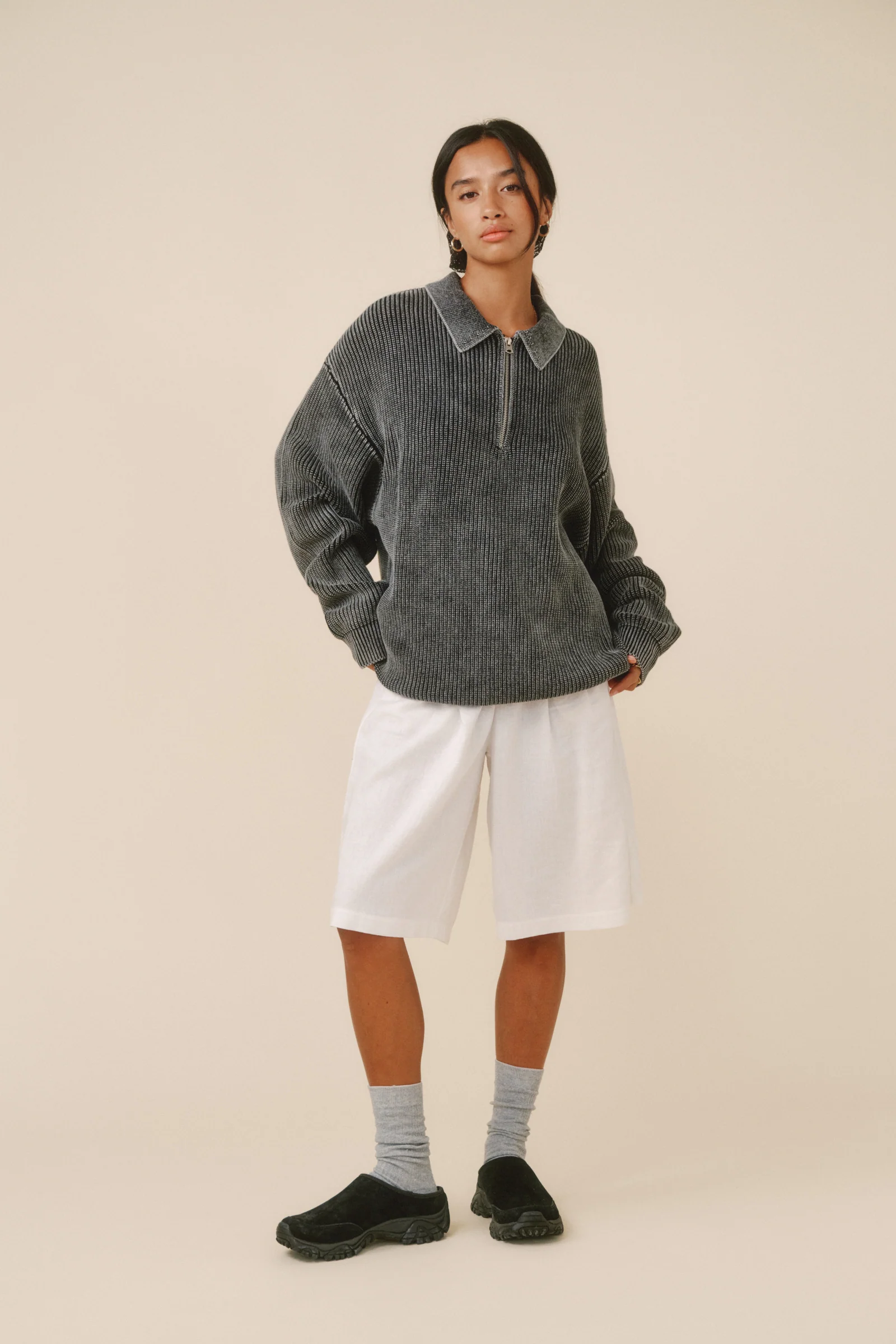 CHARCOAL ACID WASH HALF ZIP KNIT PULLOVER - Image 7