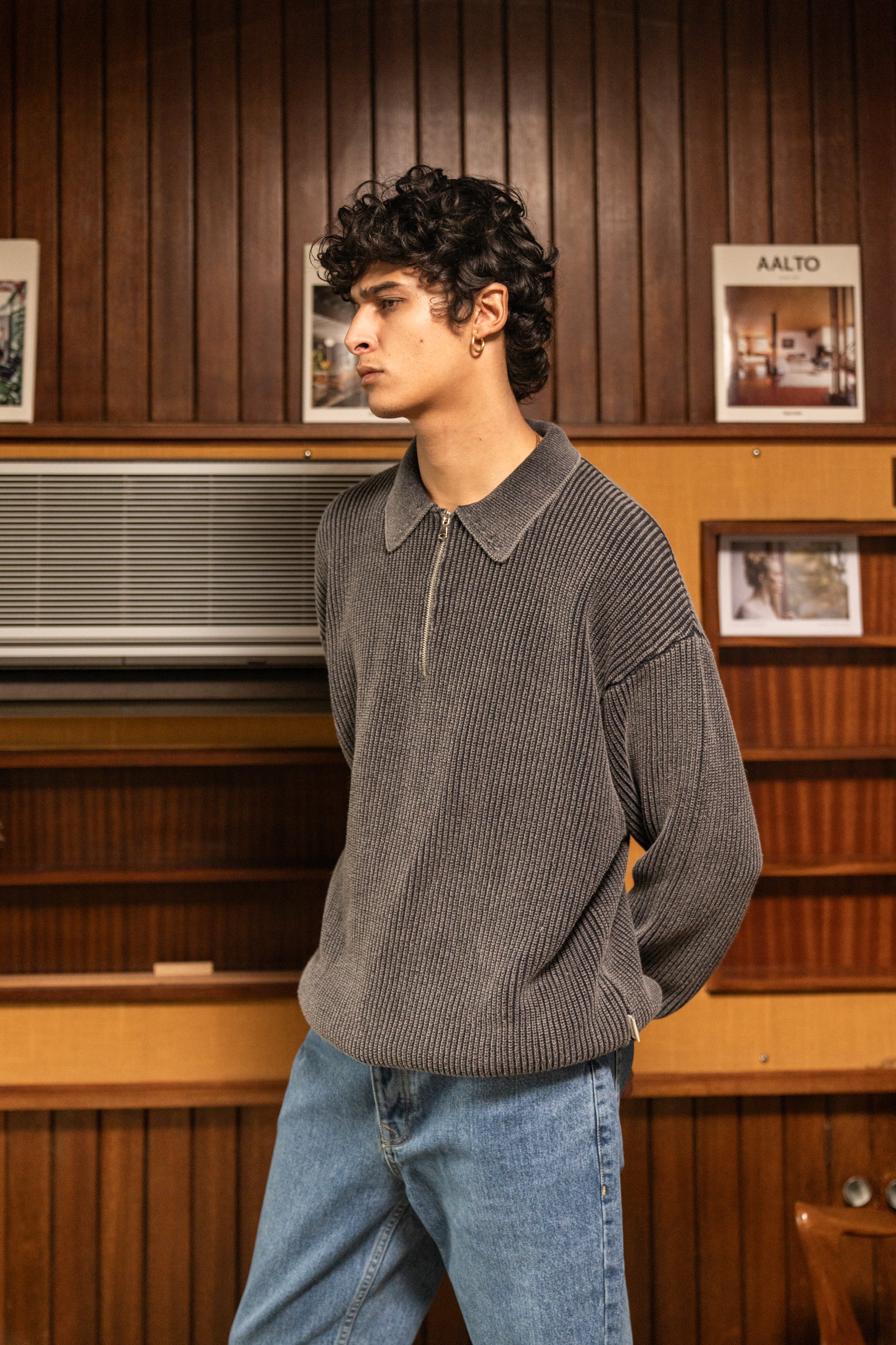 CHARCOAL ACID WASH HALF ZIP KNIT PULLOVER - Image 9