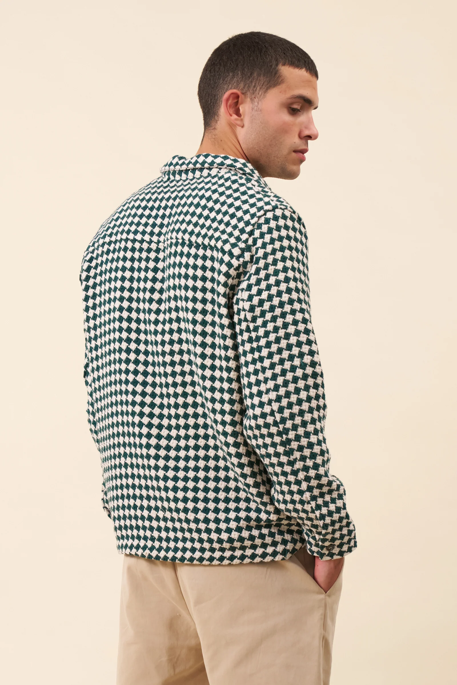 CHECKERED WOVEN OVERSHIRT - BOTTLE GREEN - Image 3