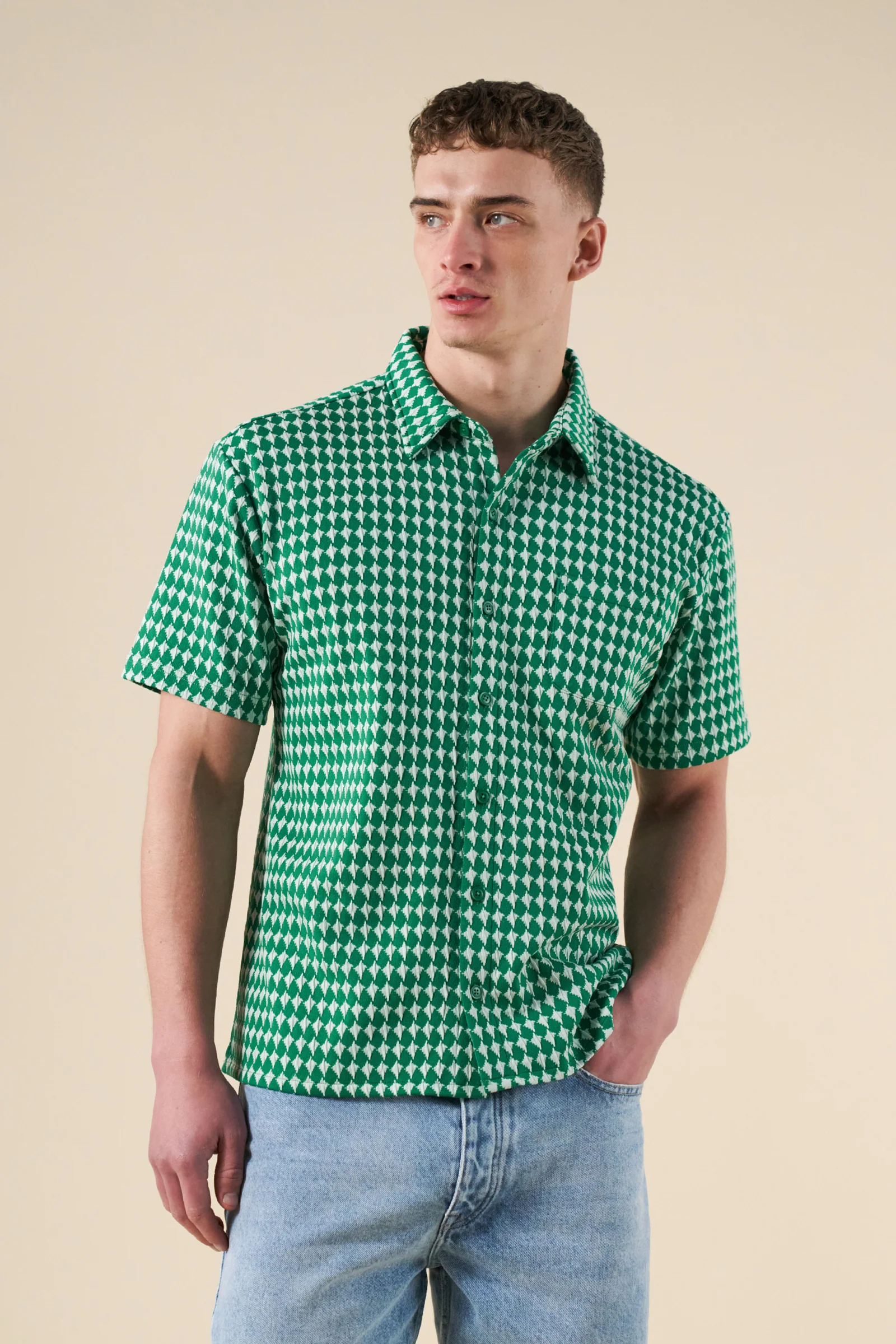 CROSS CHECK WOVEN TEXTURED POLO - KELLY GREEN