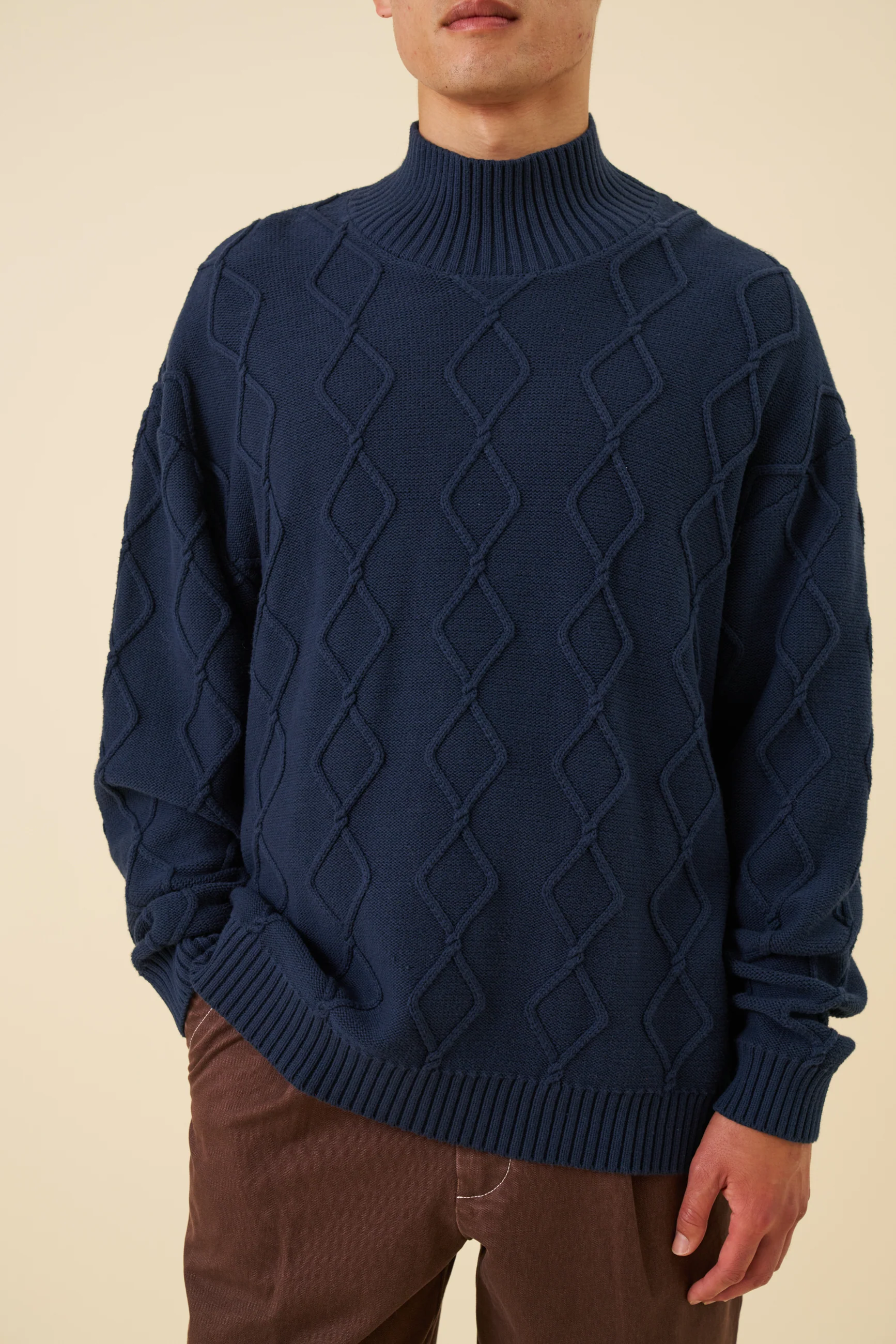 DIAMOND CABLE MOCK NECK KNIT - NAVY - Image 3