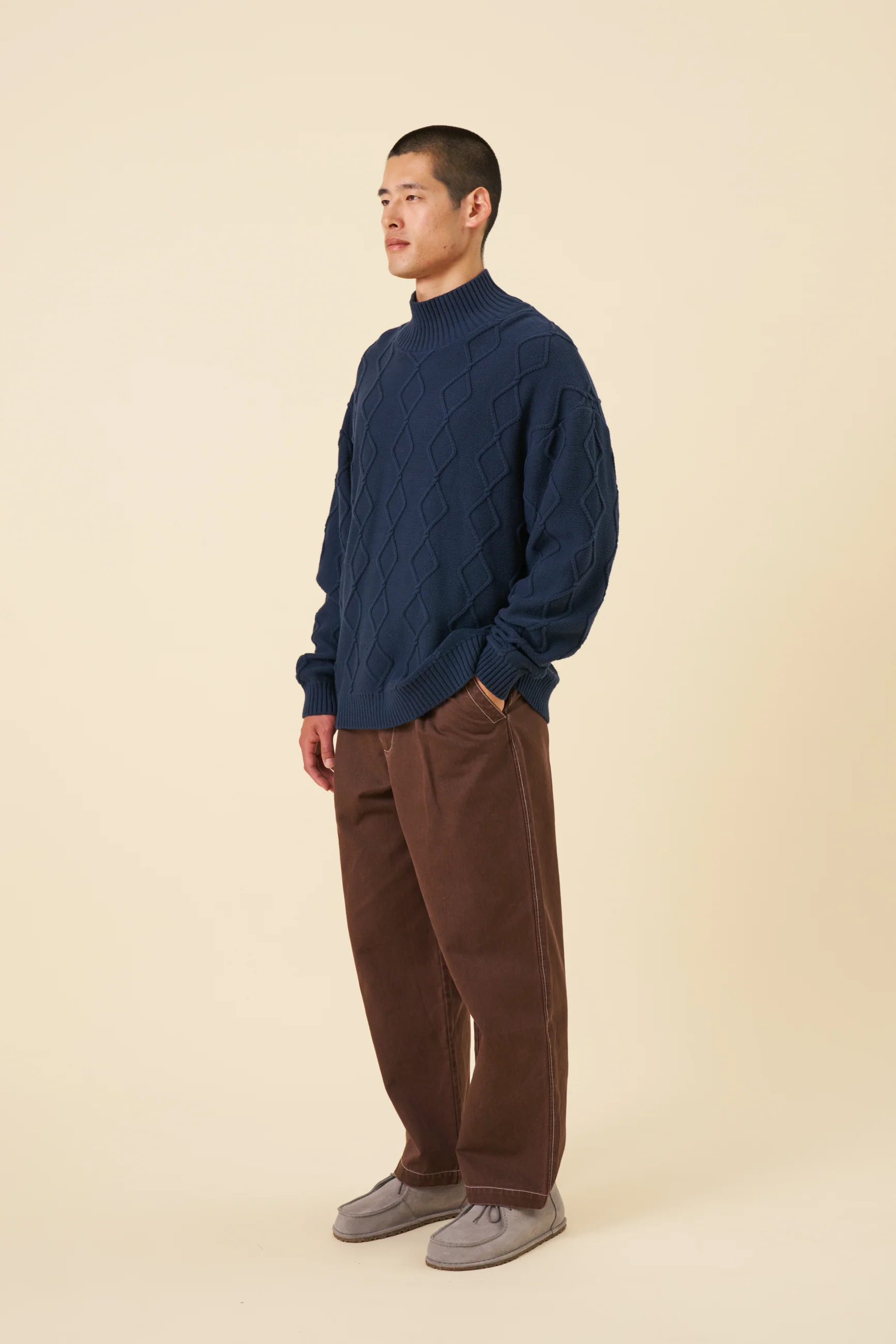 DIAMOND CABLE MOCK NECK KNIT - NAVY - Image 4