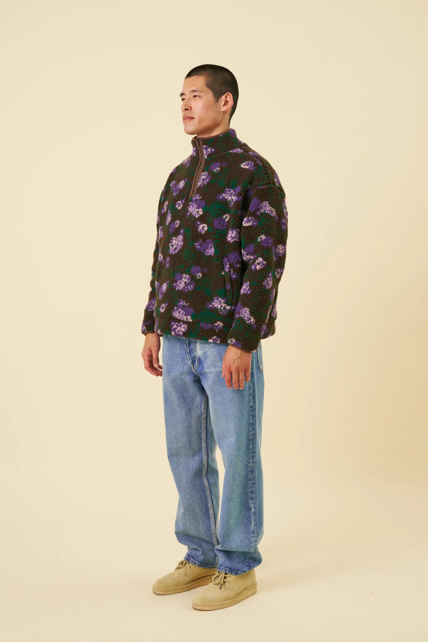 FLORAL HALF ZIP FLEECE - BROWN - Image 3