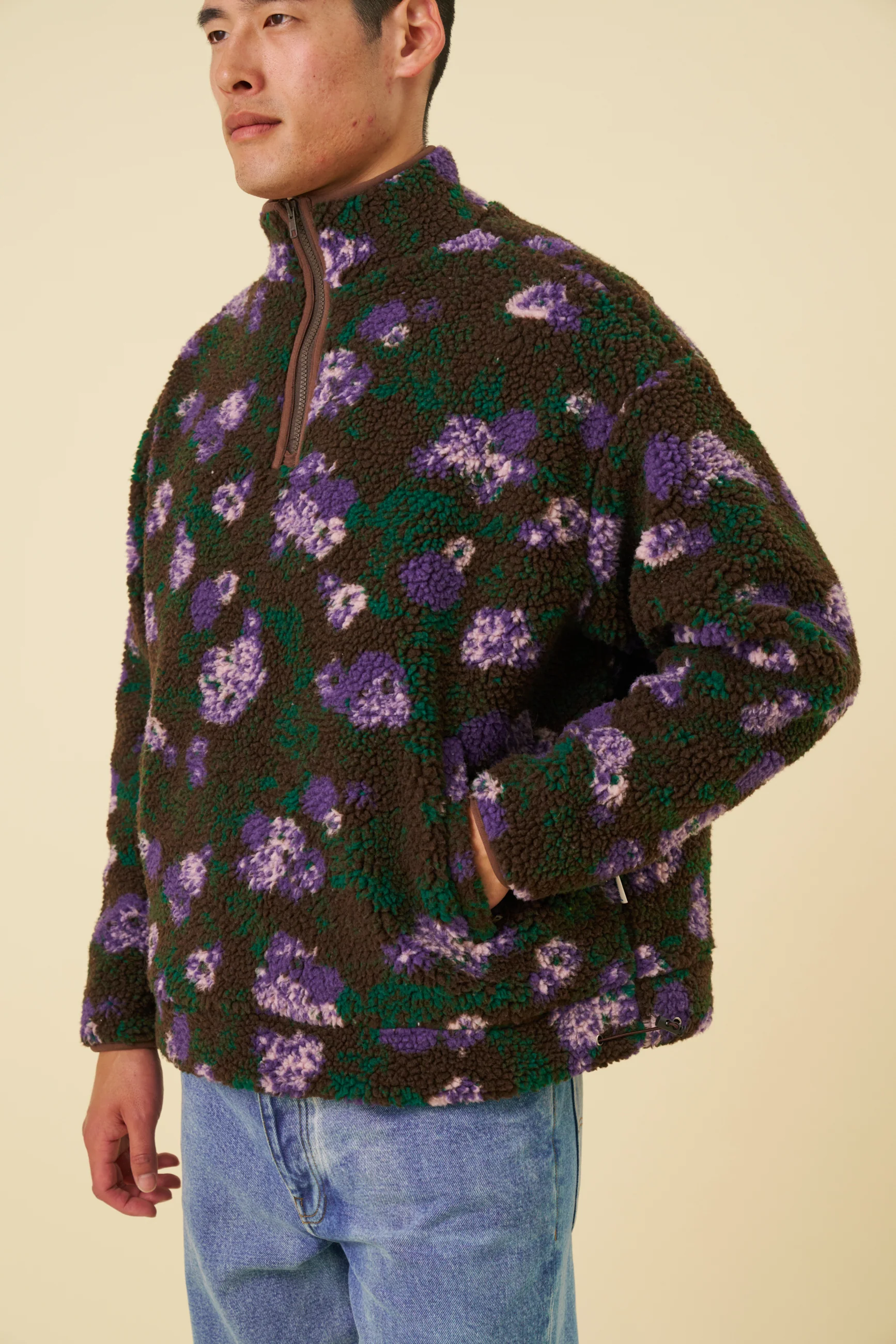 FLORAL HALF ZIP FLEECE - BROWN - Image 6