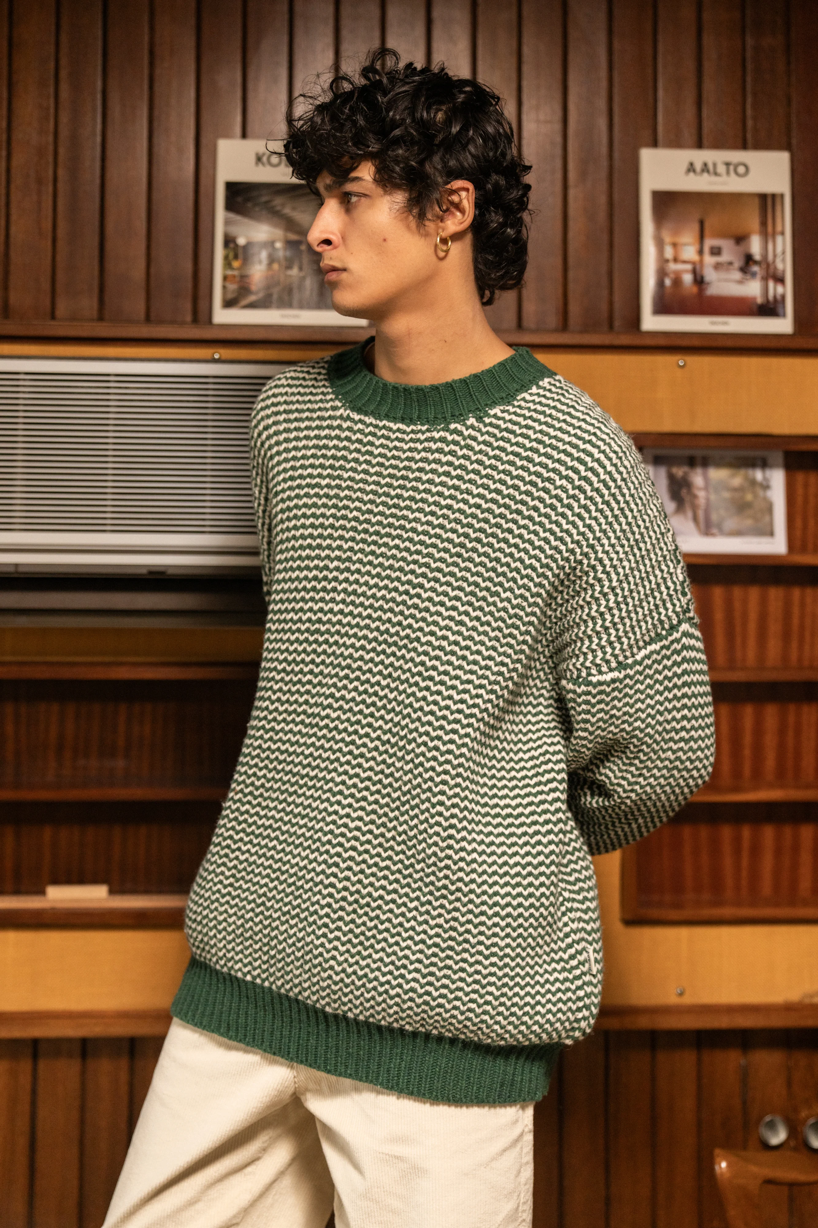 GREEN STRIPE CHUNKY KNIT RIB OVERSIZED SWEATER - Image 11