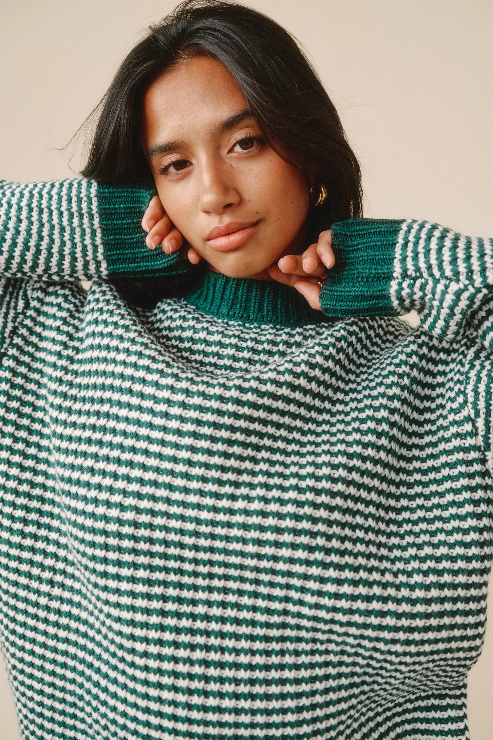 GREEN STRIPE CHUNKY KNIT RIB OVERSIZED SWEATER - Image 12