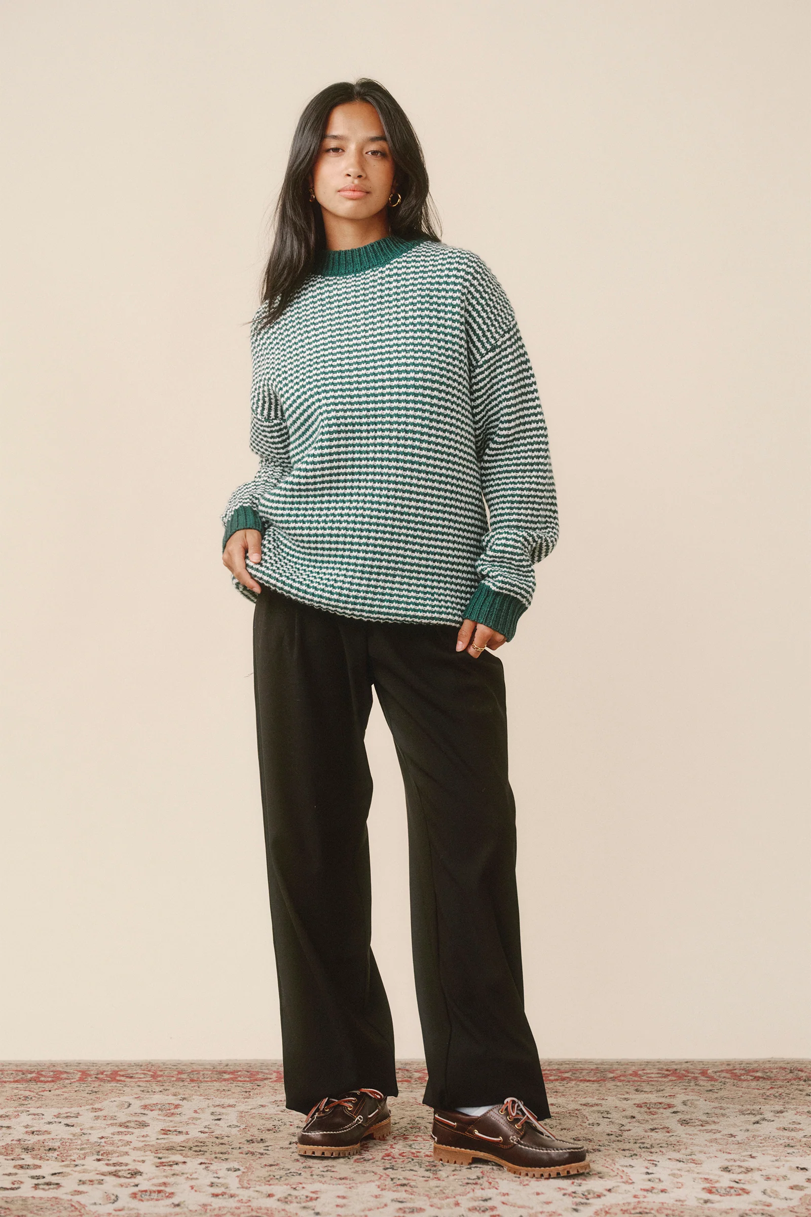 GREEN STRIPE CHUNKY KNIT RIB OVERSIZED SWEATER - Image 3