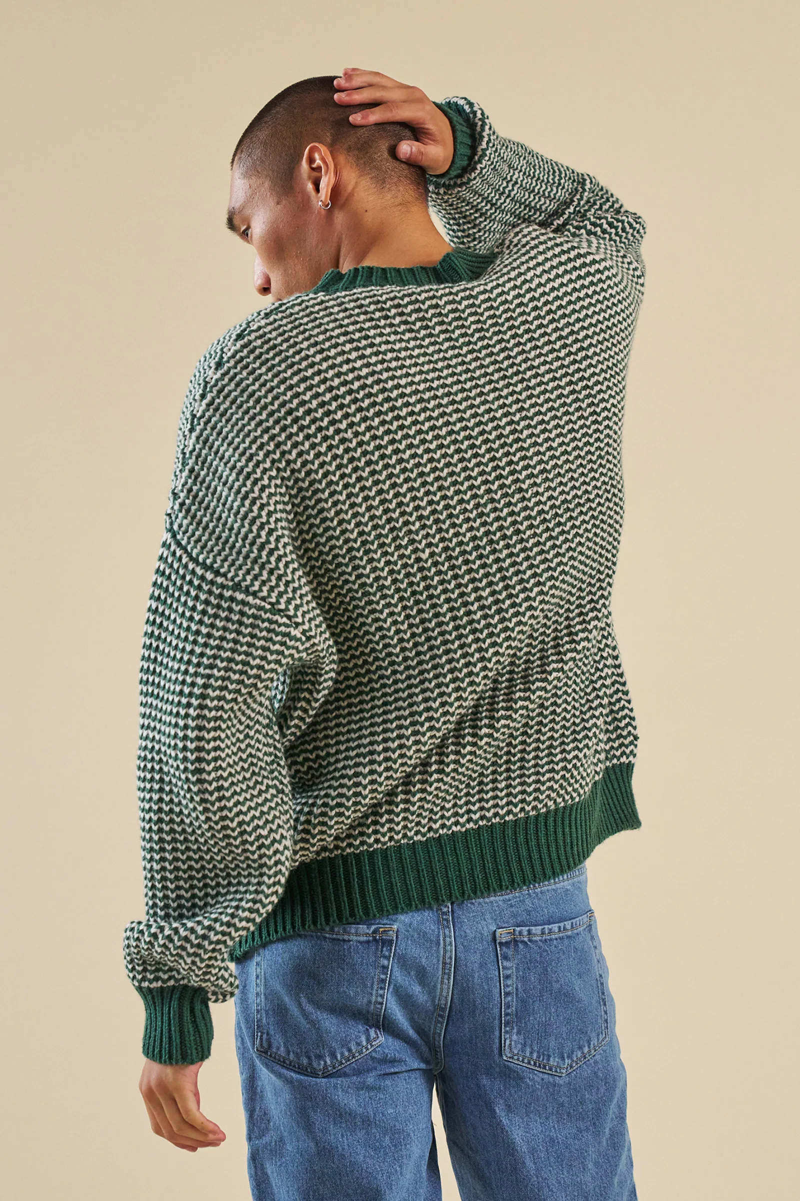GREEN STRIPE CHUNKY KNIT RIB OVERSIZED SWEATER - Image 4