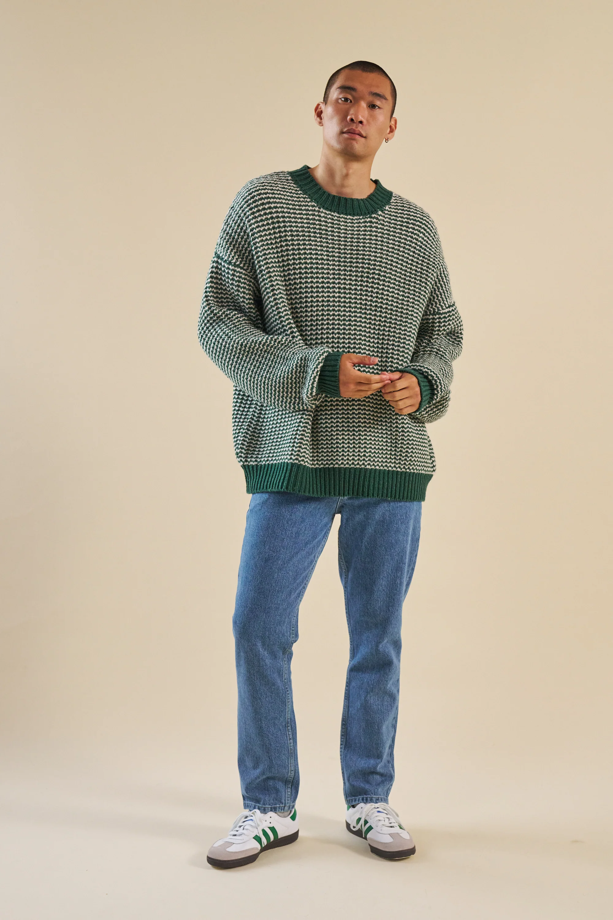 GREEN STRIPE CHUNKY KNIT RIB OVERSIZED SWEATER - Image 7