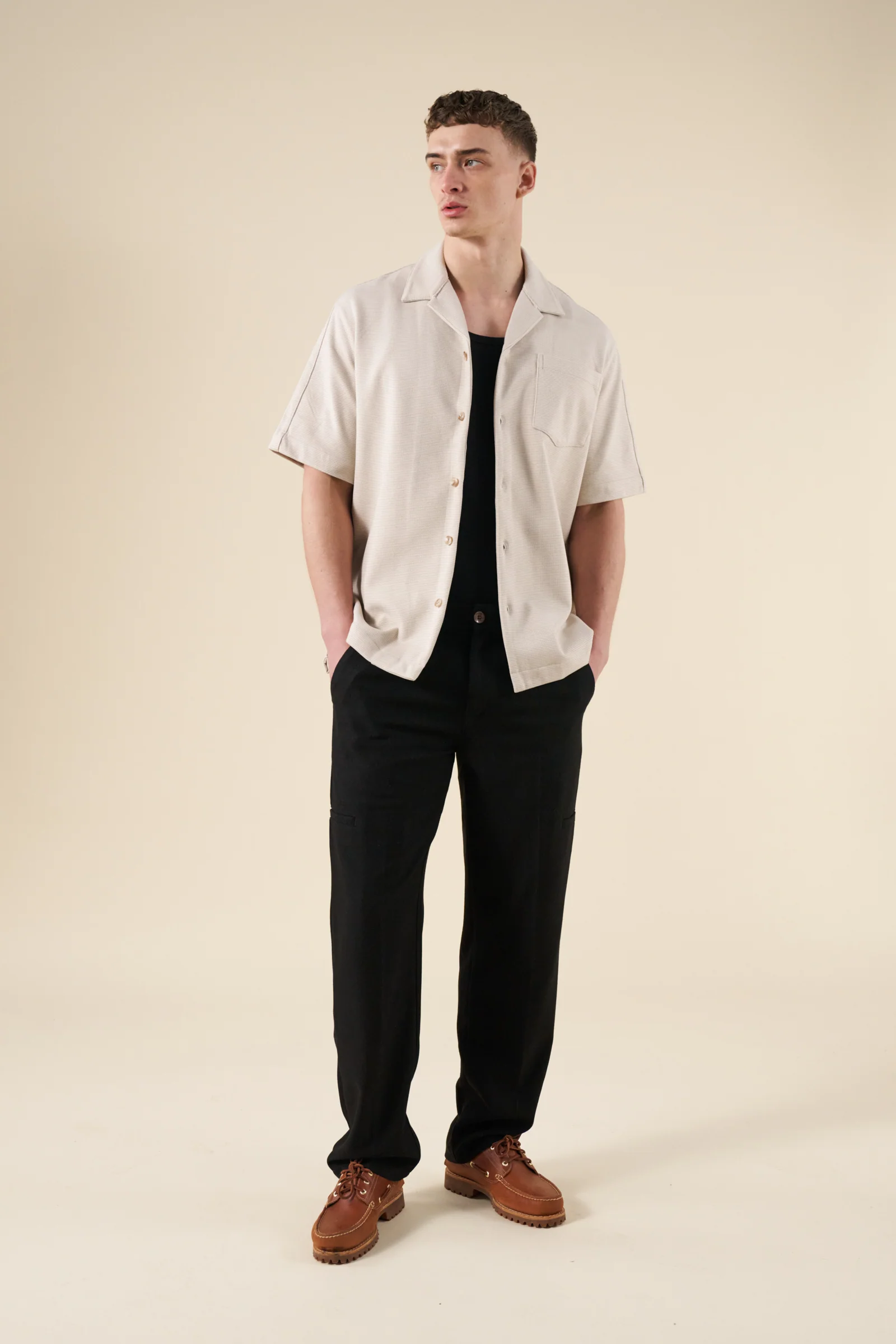 HEAVYWEIGHT WOVEN DOGTOOTH CUBAN POLO - OAT - Image 3