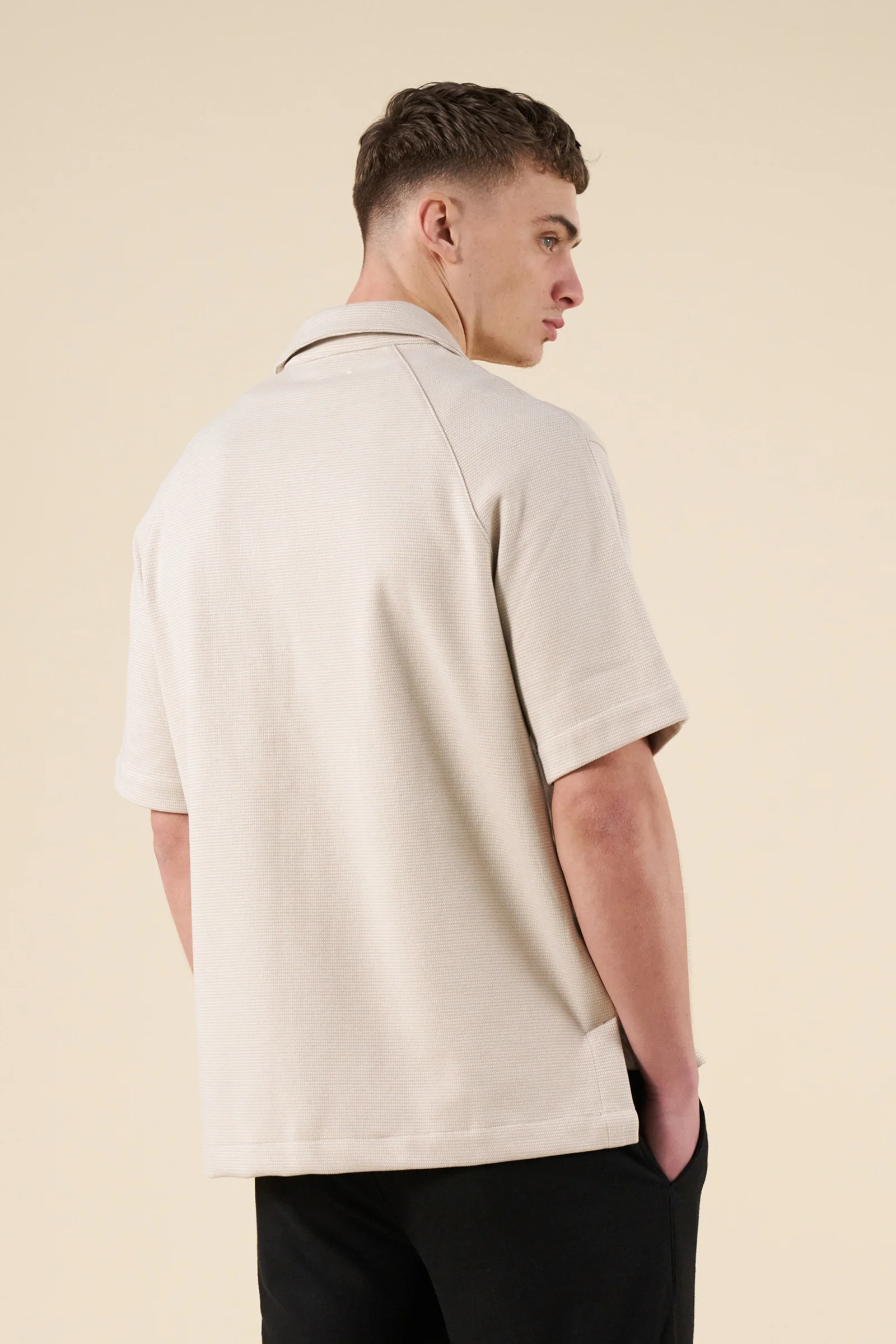 HEAVYWEIGHT WOVEN DOGTOOTH CUBAN POLO - OAT - Image 4