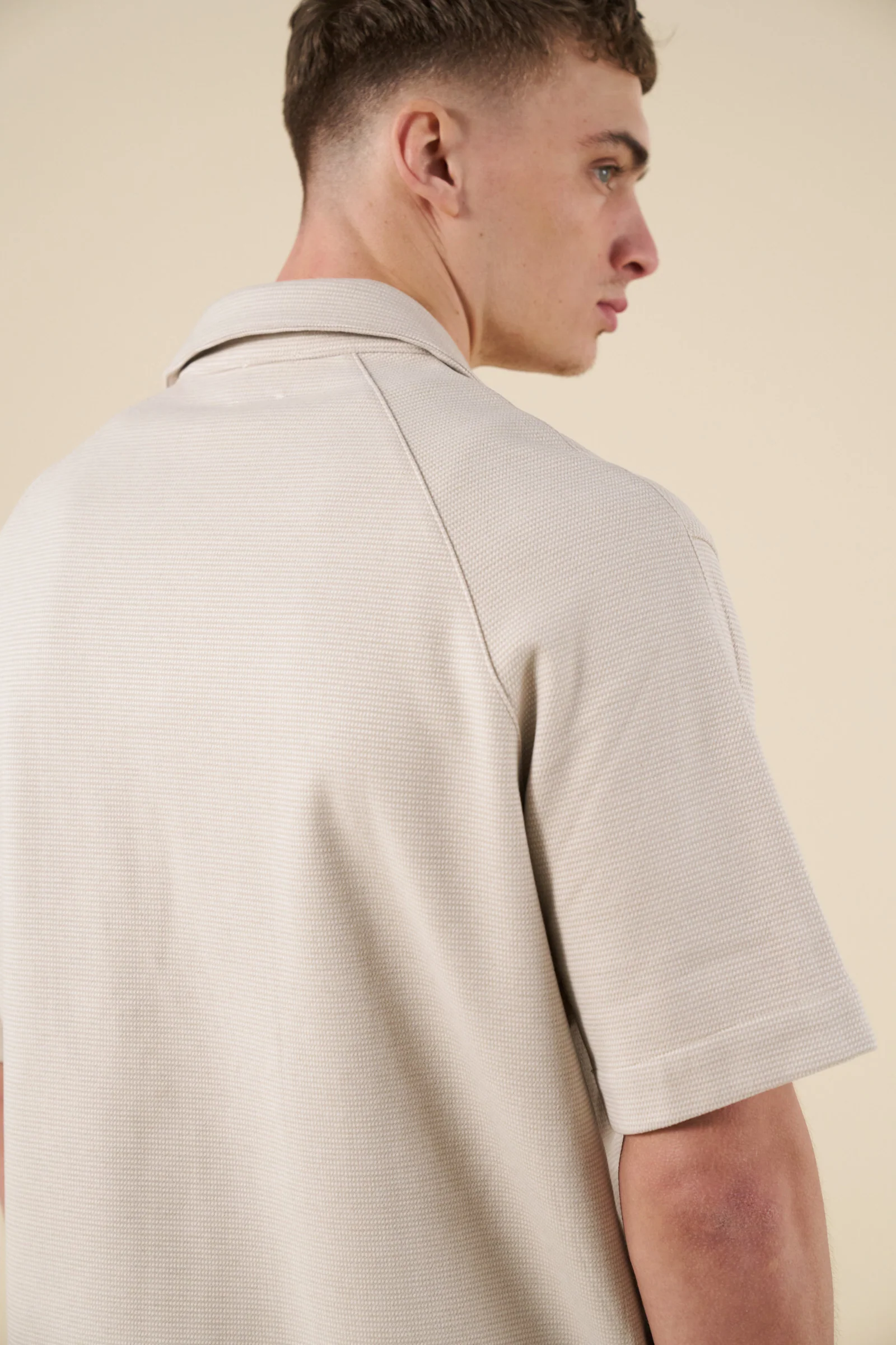 HEAVYWEIGHT WOVEN DOGTOOTH CUBAN POLO - OAT - Image 7