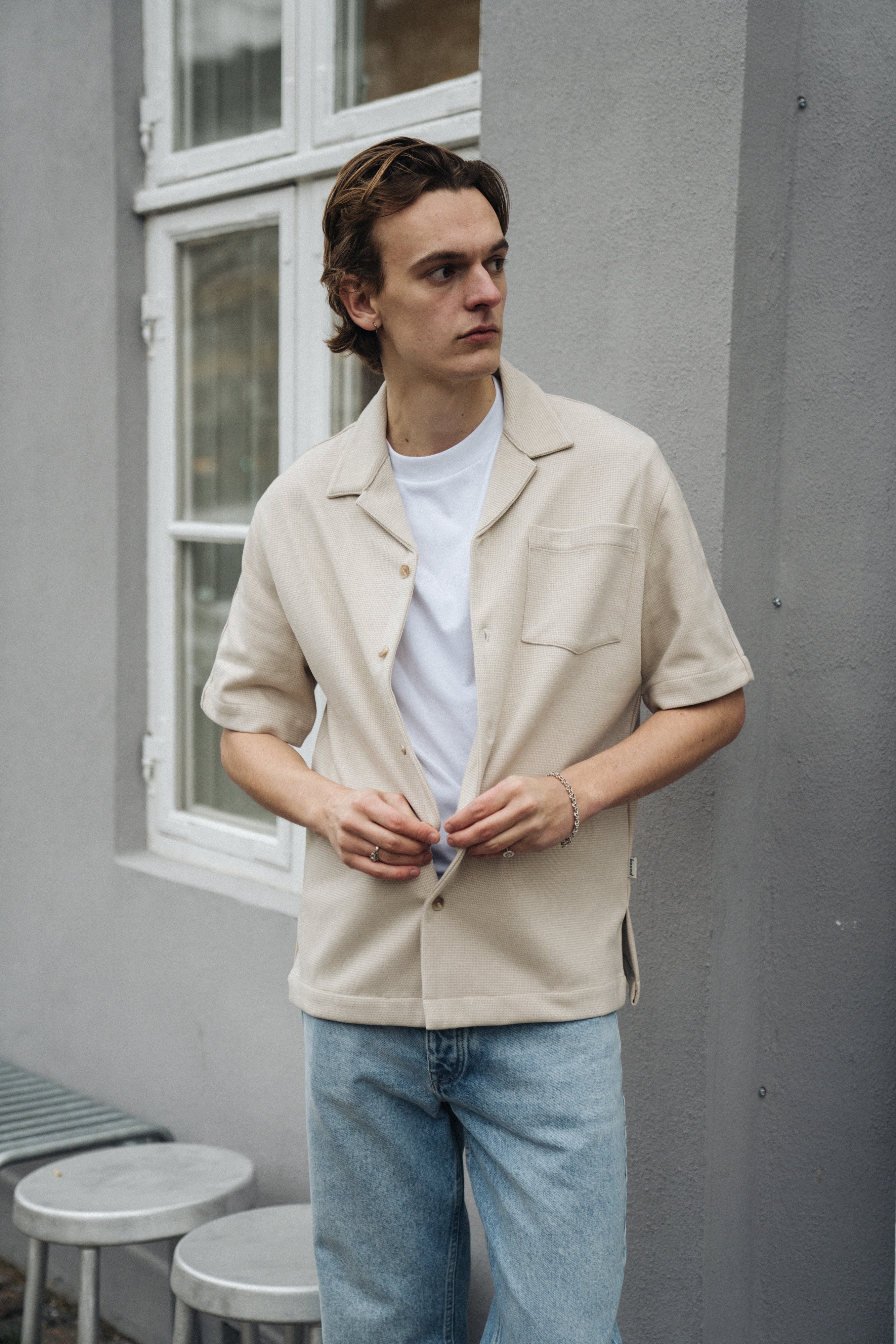 HEAVYWEIGHT WOVEN DOGTOOTH CUBAN POLO - OAT - Image 8