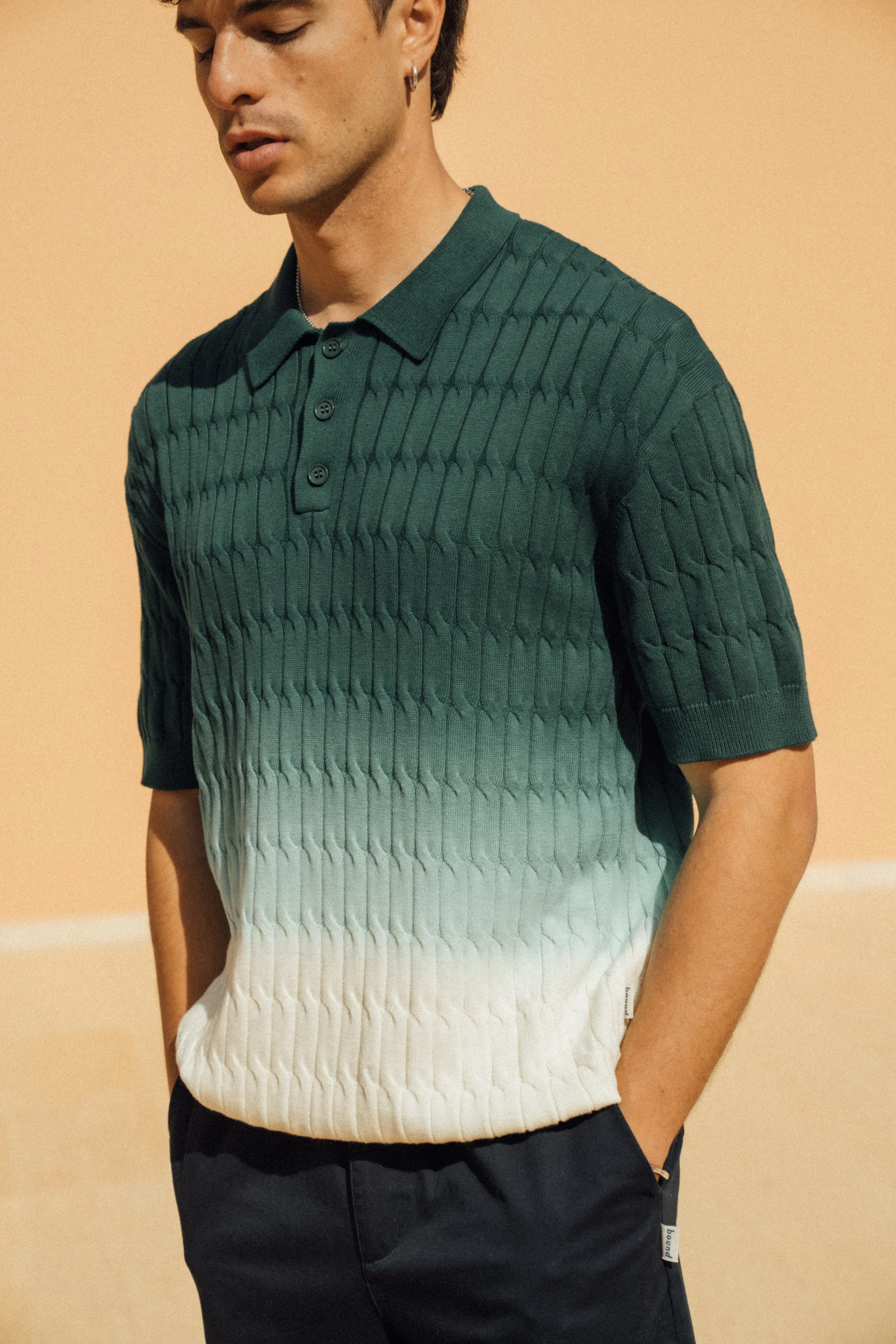 OMBRE CABLE KNIT POLO - FOREST / CREAM - Image 2