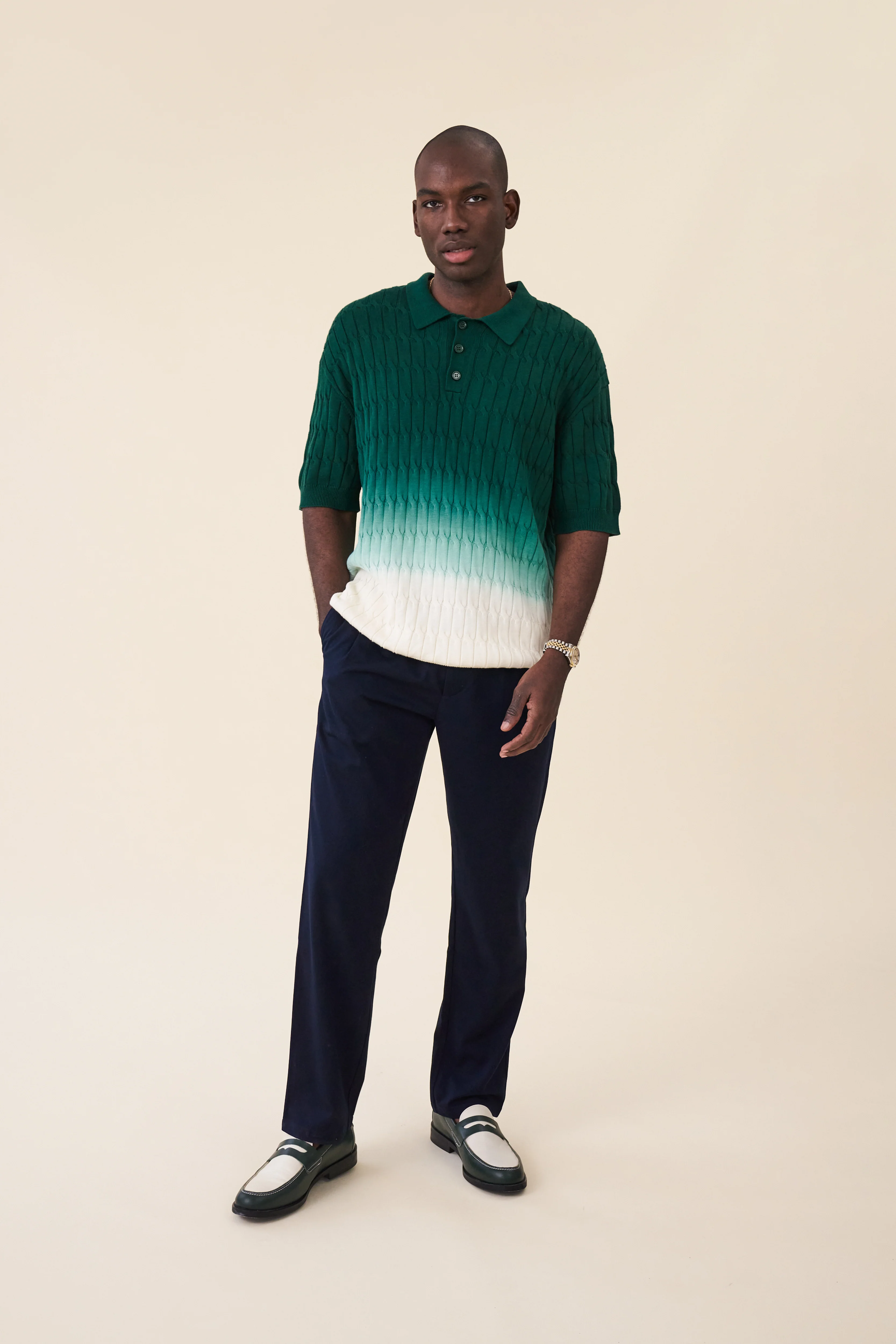 OMBRE CABLE KNIT POLO - FOREST / CREAM - Image 3