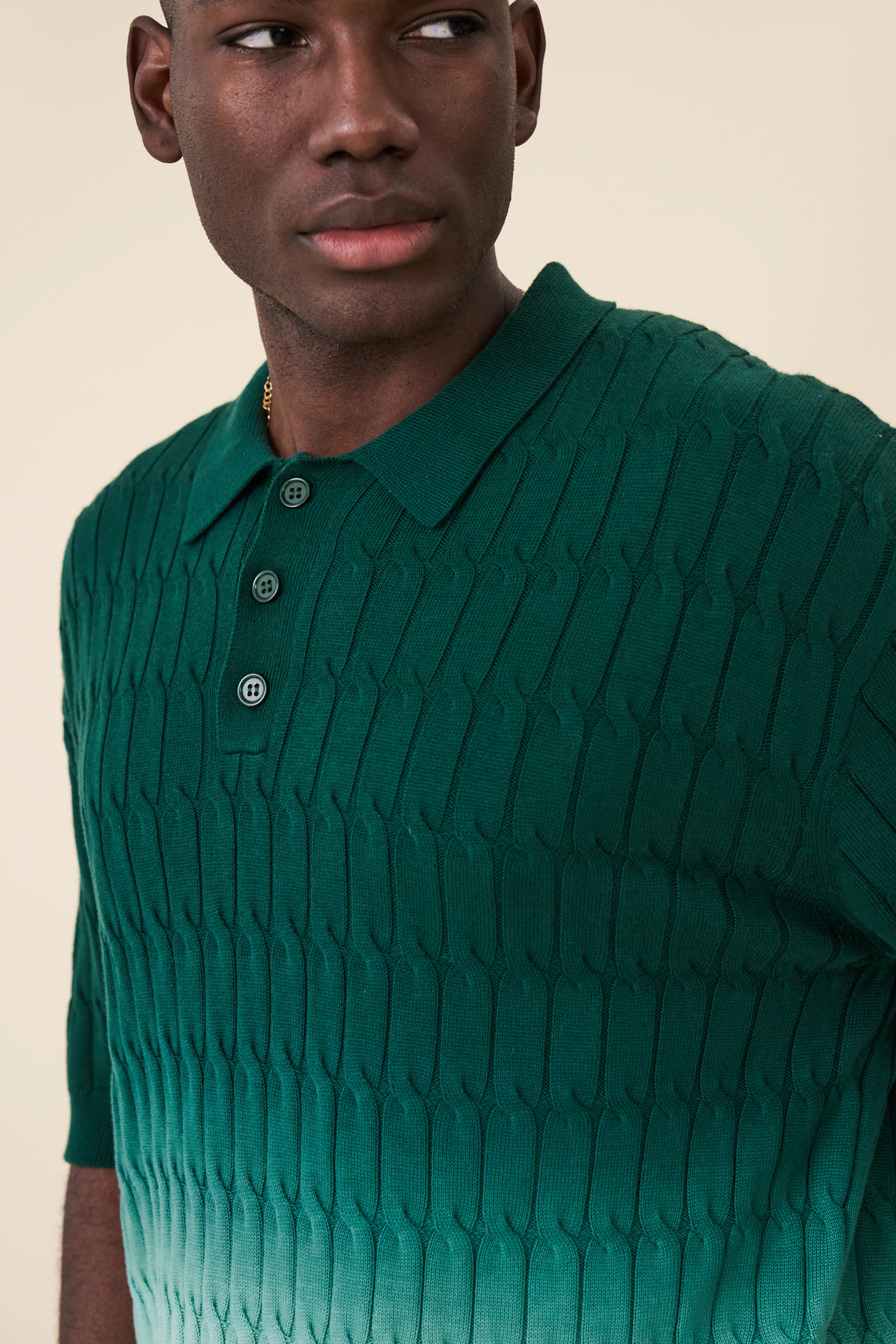 OMBRE CABLE KNIT POLO - FOREST / CREAM - Image 5