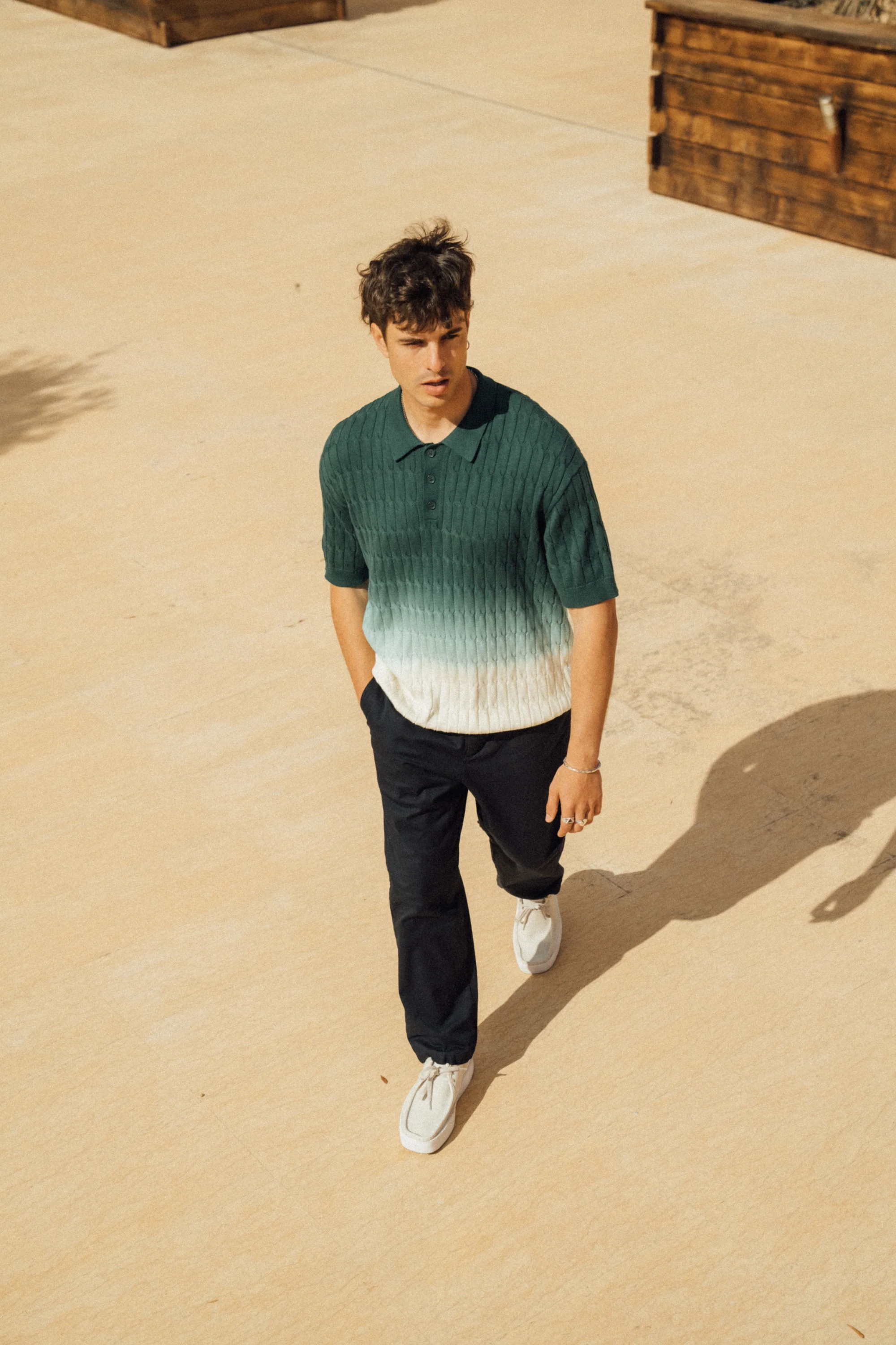 OMBRE CABLE KNIT POLO - FOREST / CREAM - Image 7