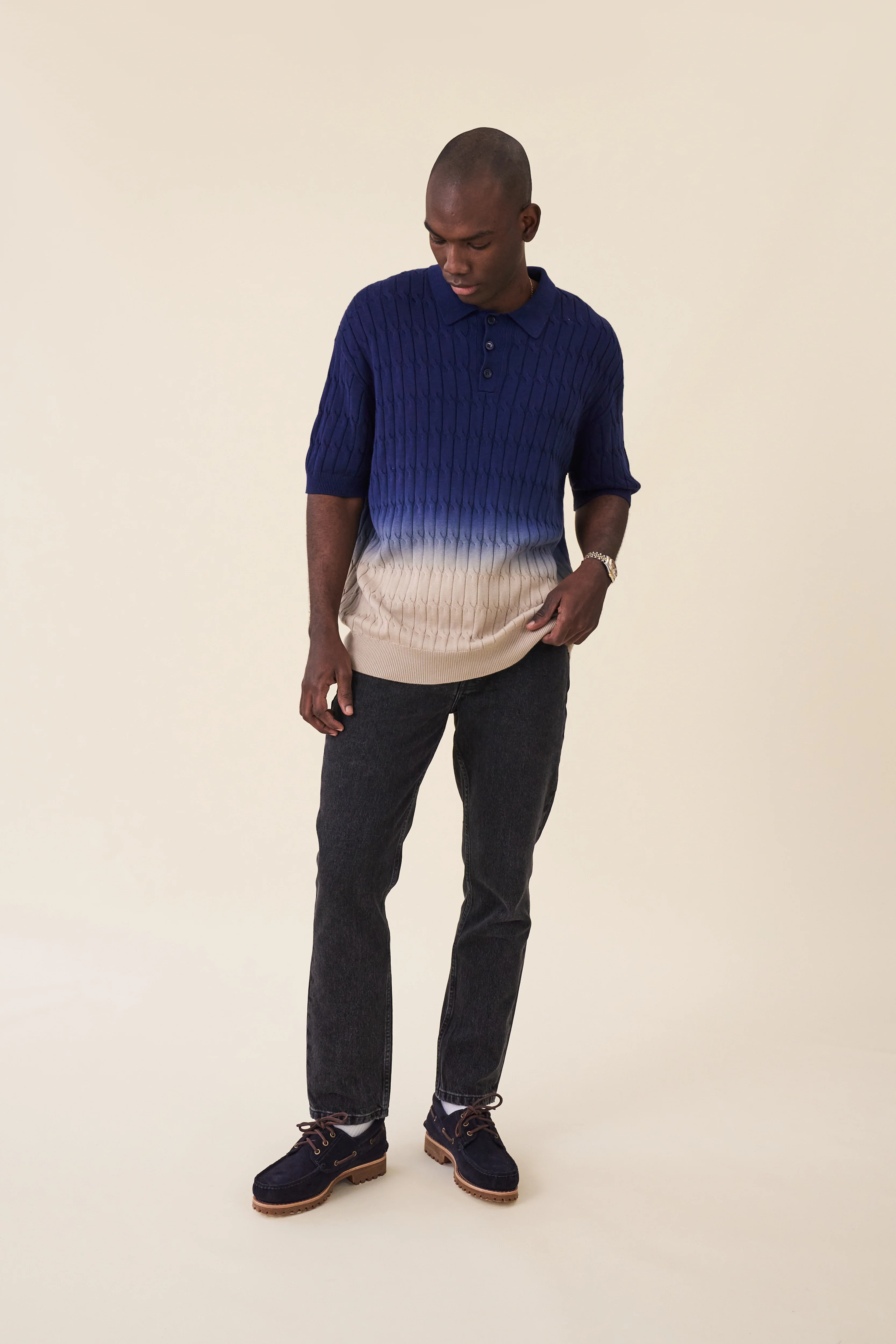 OMBRE CABLE KNIT POLO - NAVY / TAN - Image 3