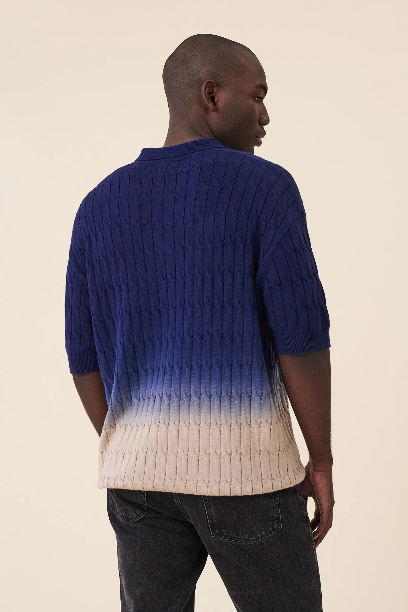 OMBRE CABLE KNIT POLO - NAVY / TAN - Image 4