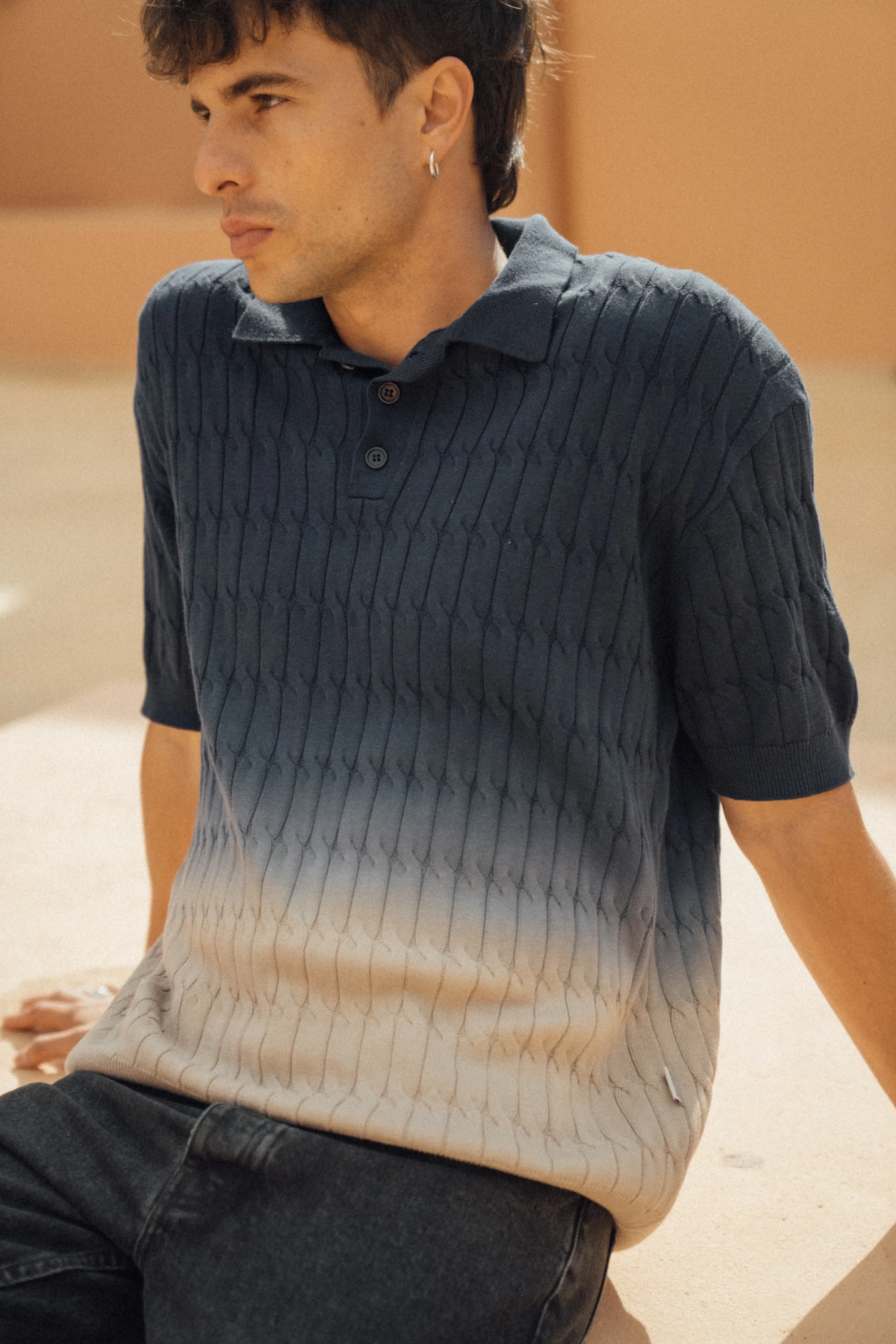 OMBRE CABLE KNIT POLO - NAVY / TAN - Image 7
