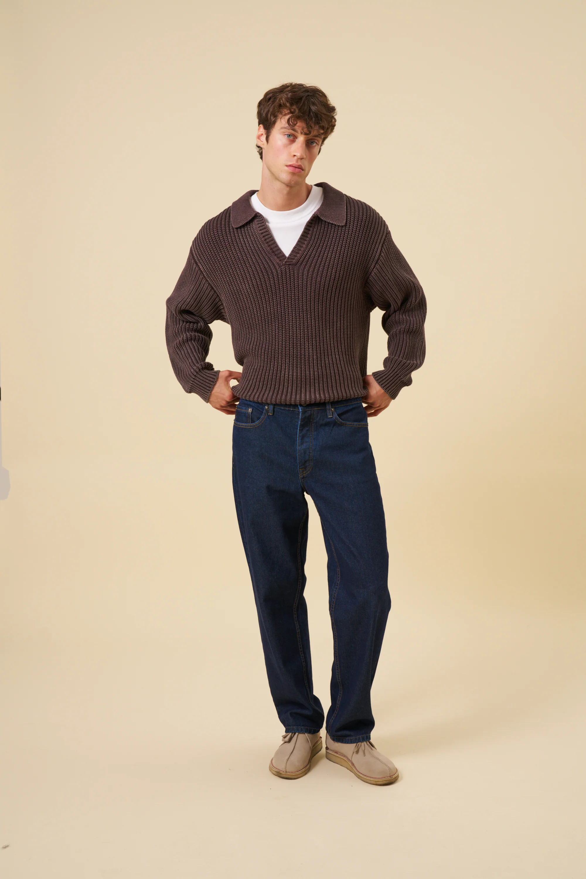 OPEN COLLAR ACID WASH KNIT - BROWN - Image 2