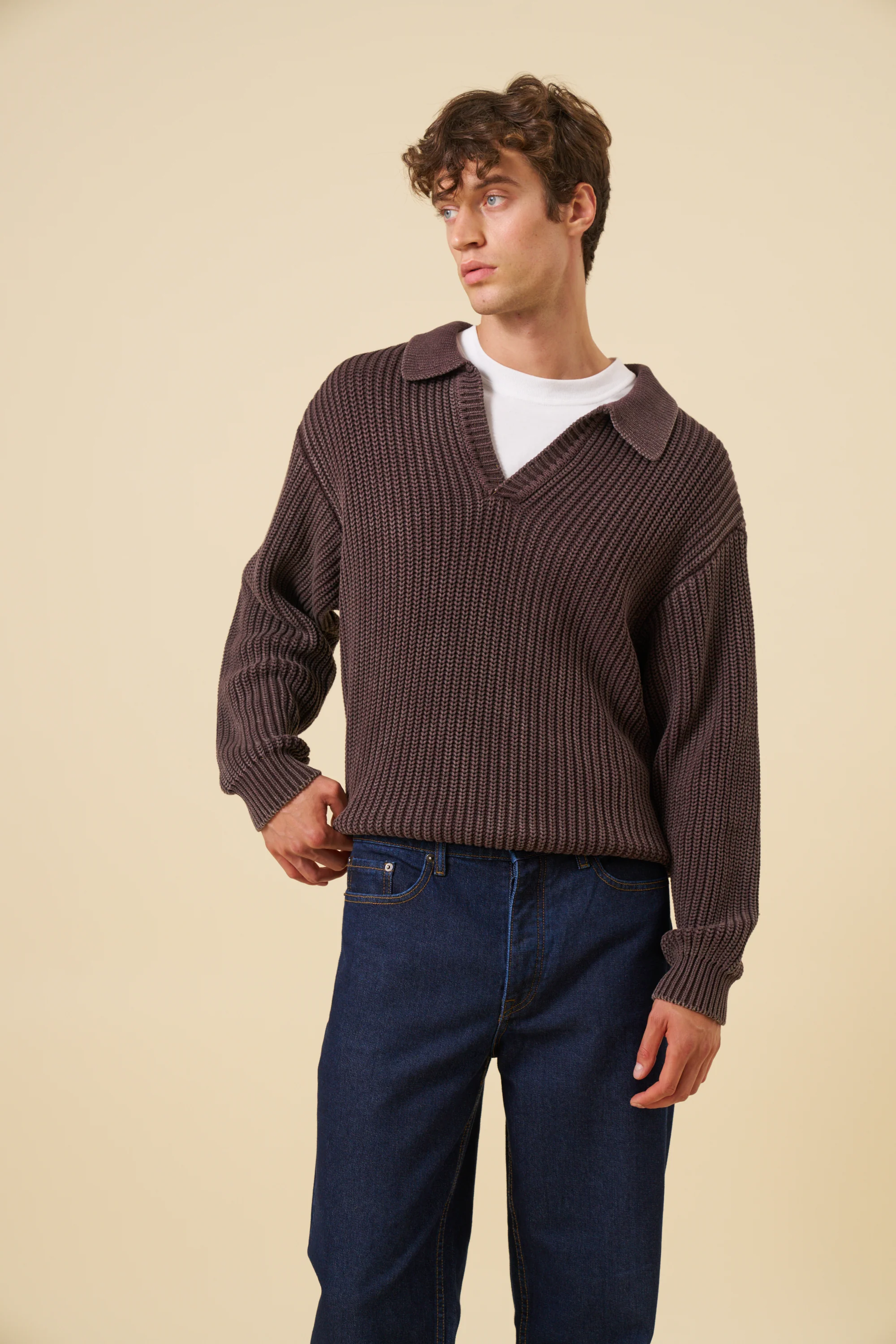 OPEN COLLAR ACID WASH KNIT - BROWN - Image 3