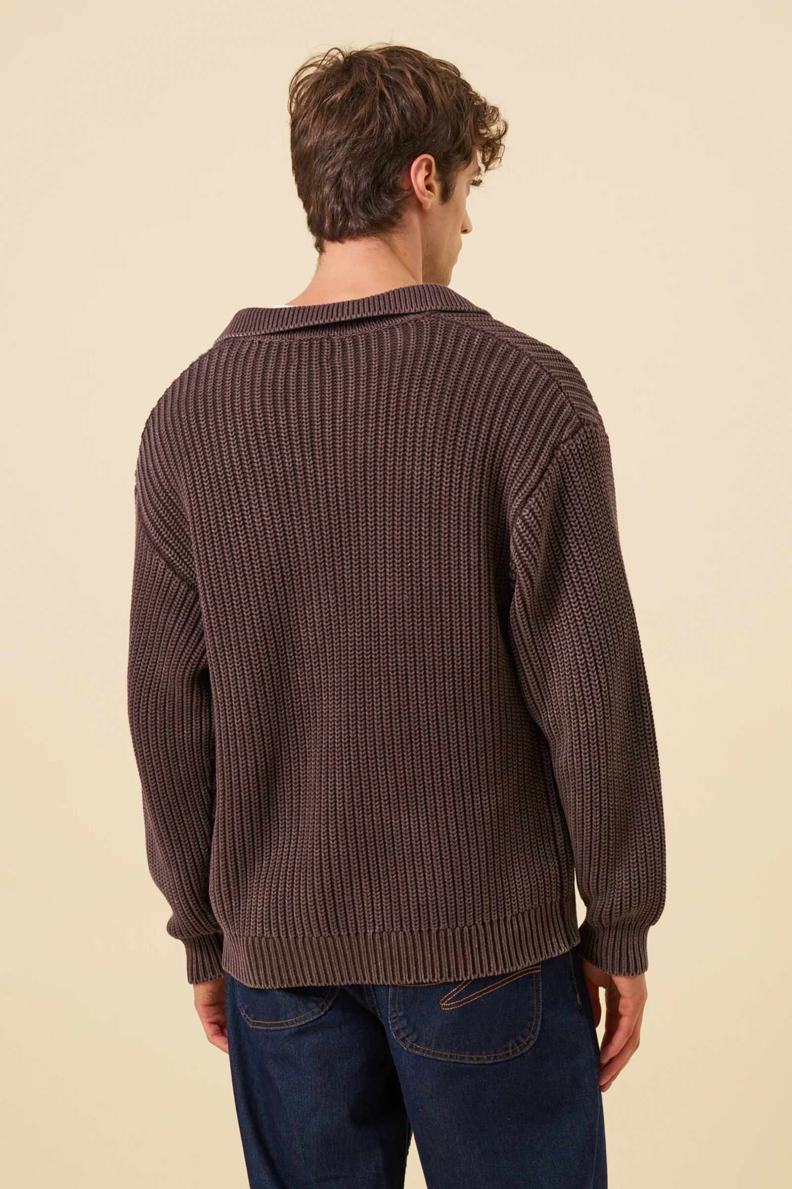 OPEN COLLAR ACID WASH KNIT - BROWN - Image 5
